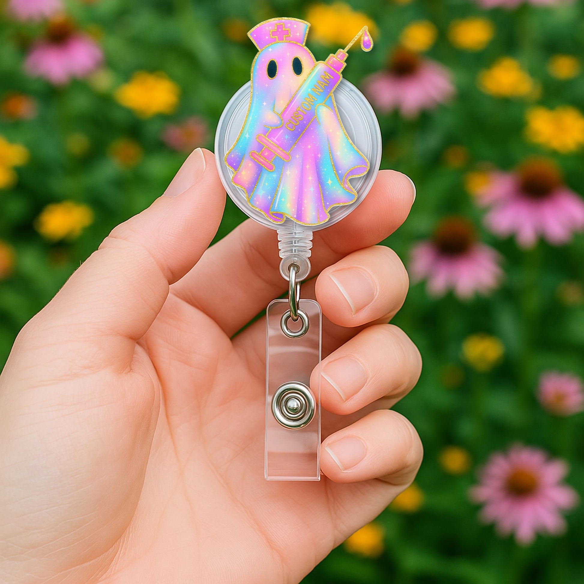 Custom Ghost Nurse Badge Reel | Neon Spooky Holographic Name Tag | Halloween Nurse ID Holder | Cute Medical Badge Clip for RN, cna, lpn