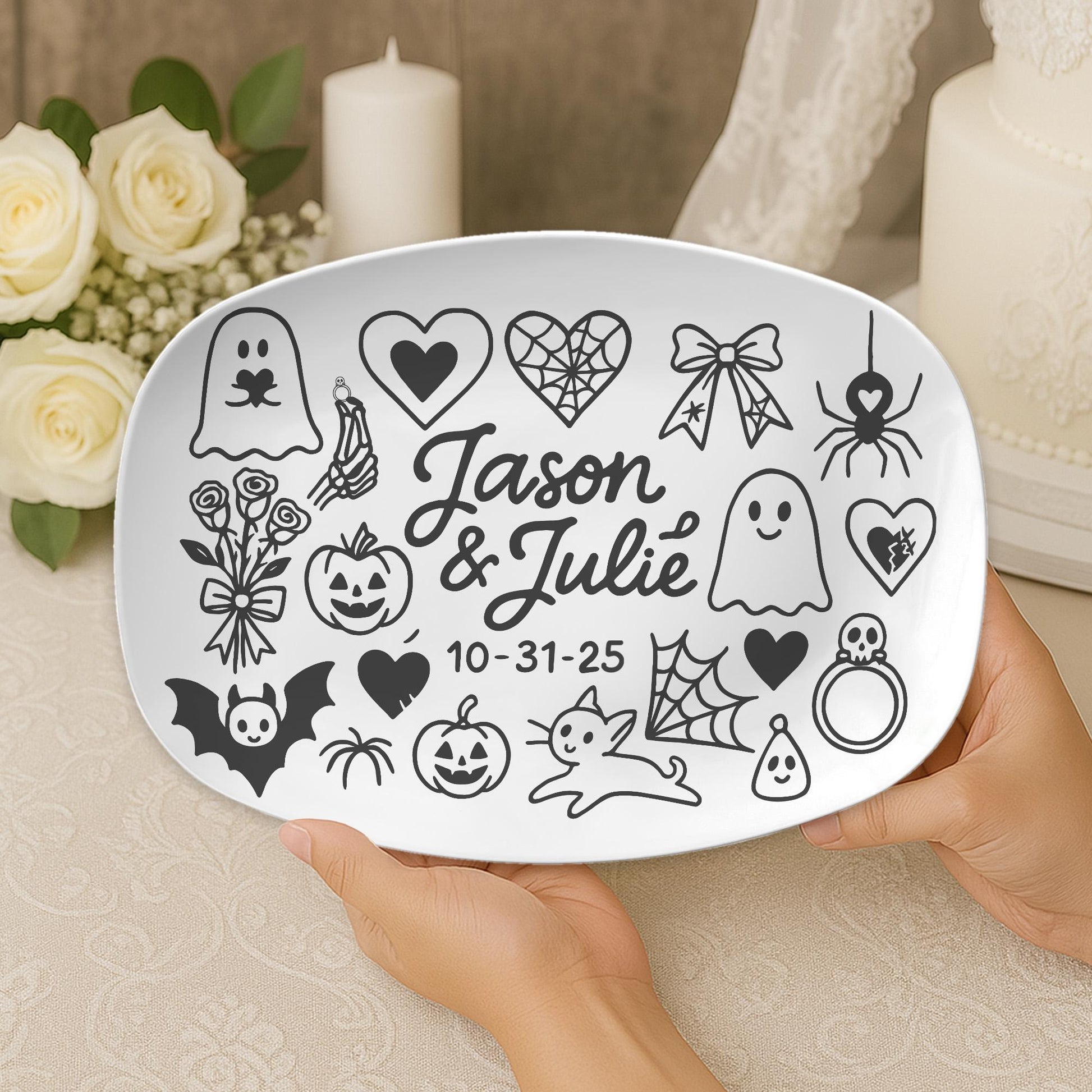 Custom Halloween Wedding Platter | Gothic Couple Gift with Names & Date | Spooky Marriage Keepsake Dish | Ghost Pumpkin Love- DECOR only