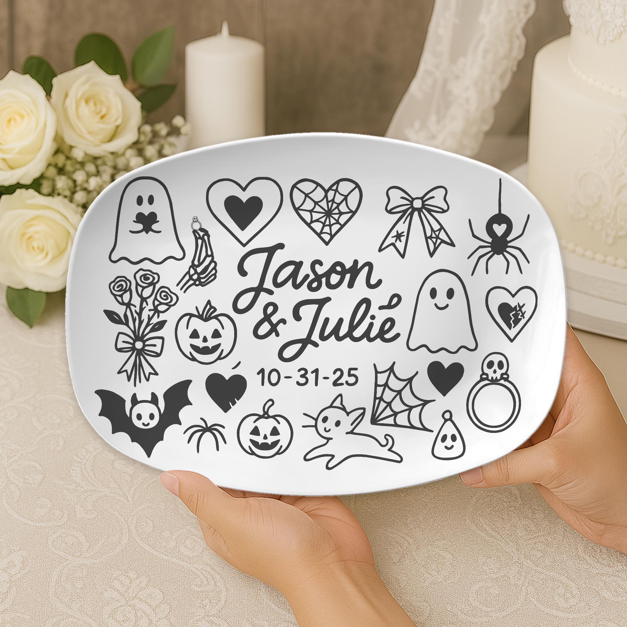 Custom Halloween Wedding Platter | Gothic Couple Gift with Names & Date | Spooky Marriage Keepsake Dish | Ghost Pumpkin Love- DECOR only