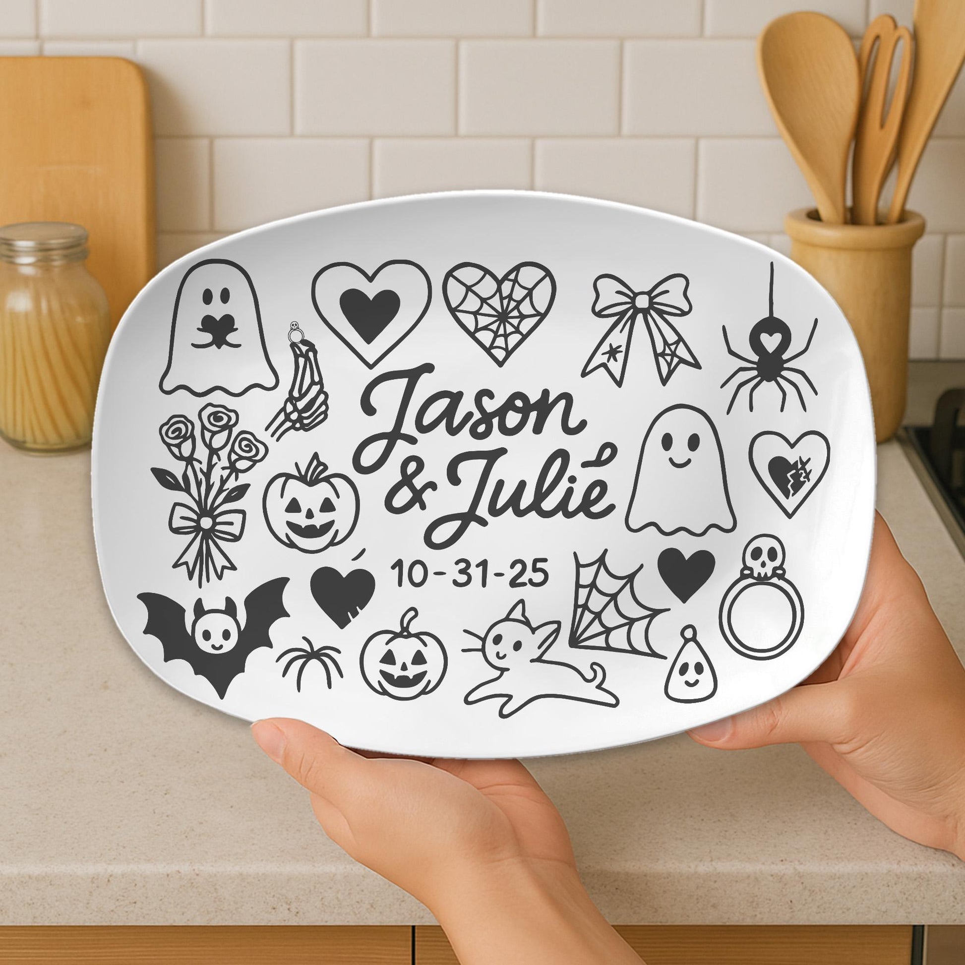 Custom Halloween Wedding Platter | Gothic Couple Gift with Names & Date | Spooky Marriage Keepsake Dish | Ghost Pumpkin Love- DECOR only