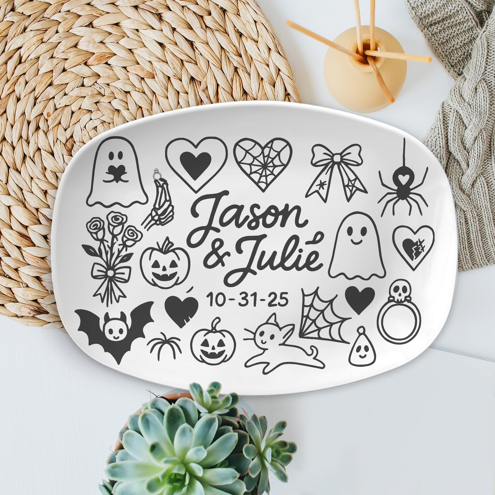 Custom Halloween Wedding Platter | Gothic Couple Gift with Names & Date | Spooky Marriage Keepsake Dish | Ghost Pumpkin Love- DECOR only