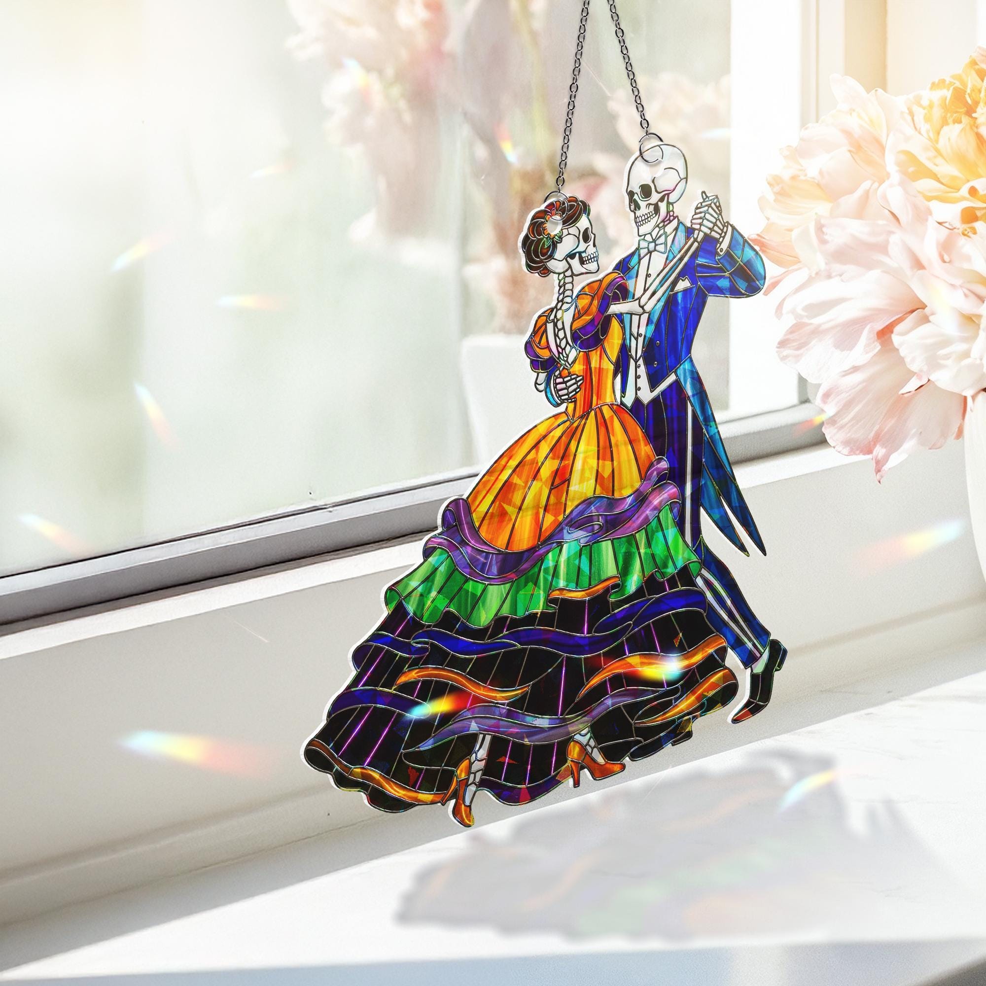 Stained Glass Skeleton Couple Suncatcher – Colorful Gothic Halloween Window Decor – Day of the Dead Dancing Skeleton Lovers Ornament