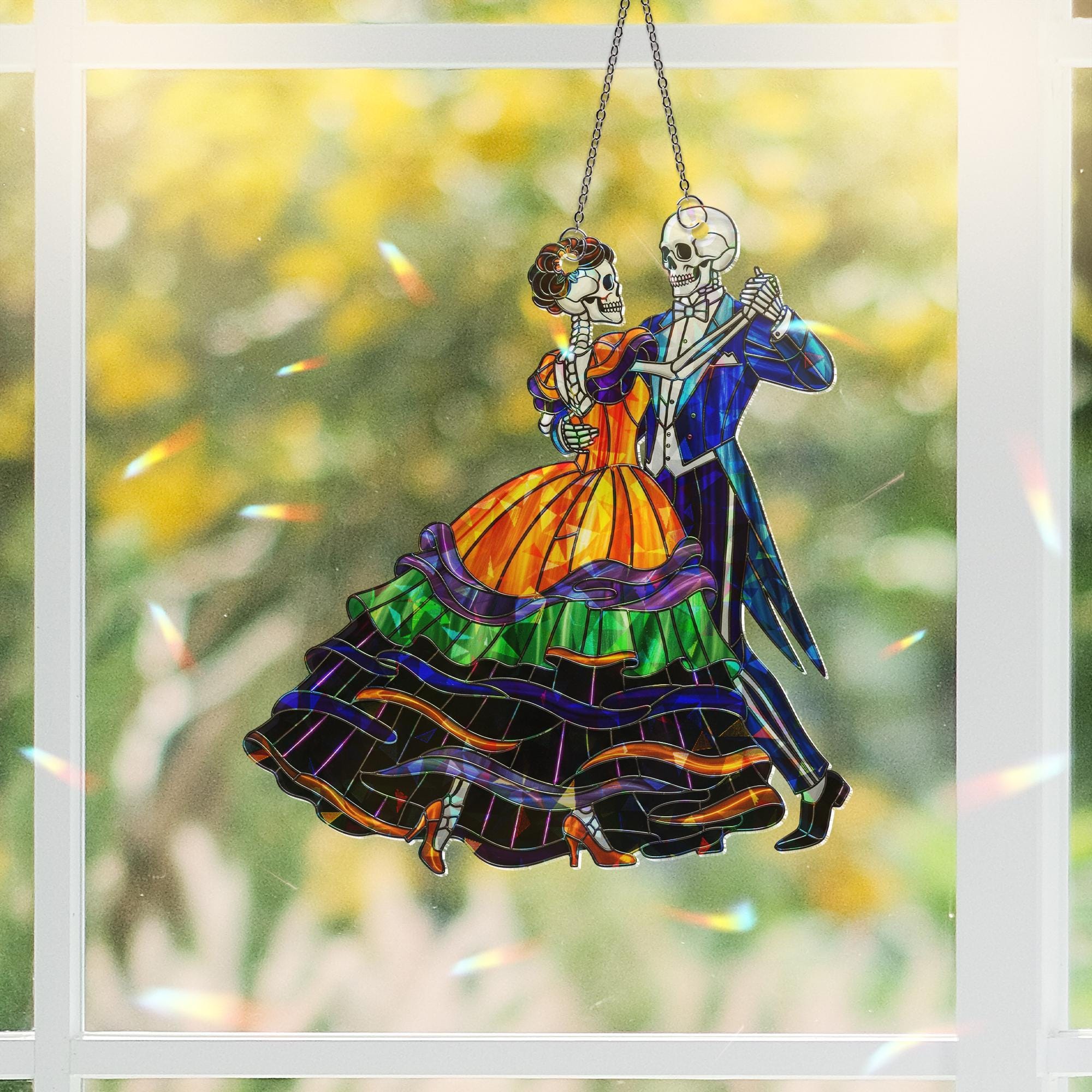 Stained Glass Skeleton Couple Suncatcher – Colorful Gothic Halloween Window Decor – Day of the Dead Dancing Skeleton Lovers Ornament