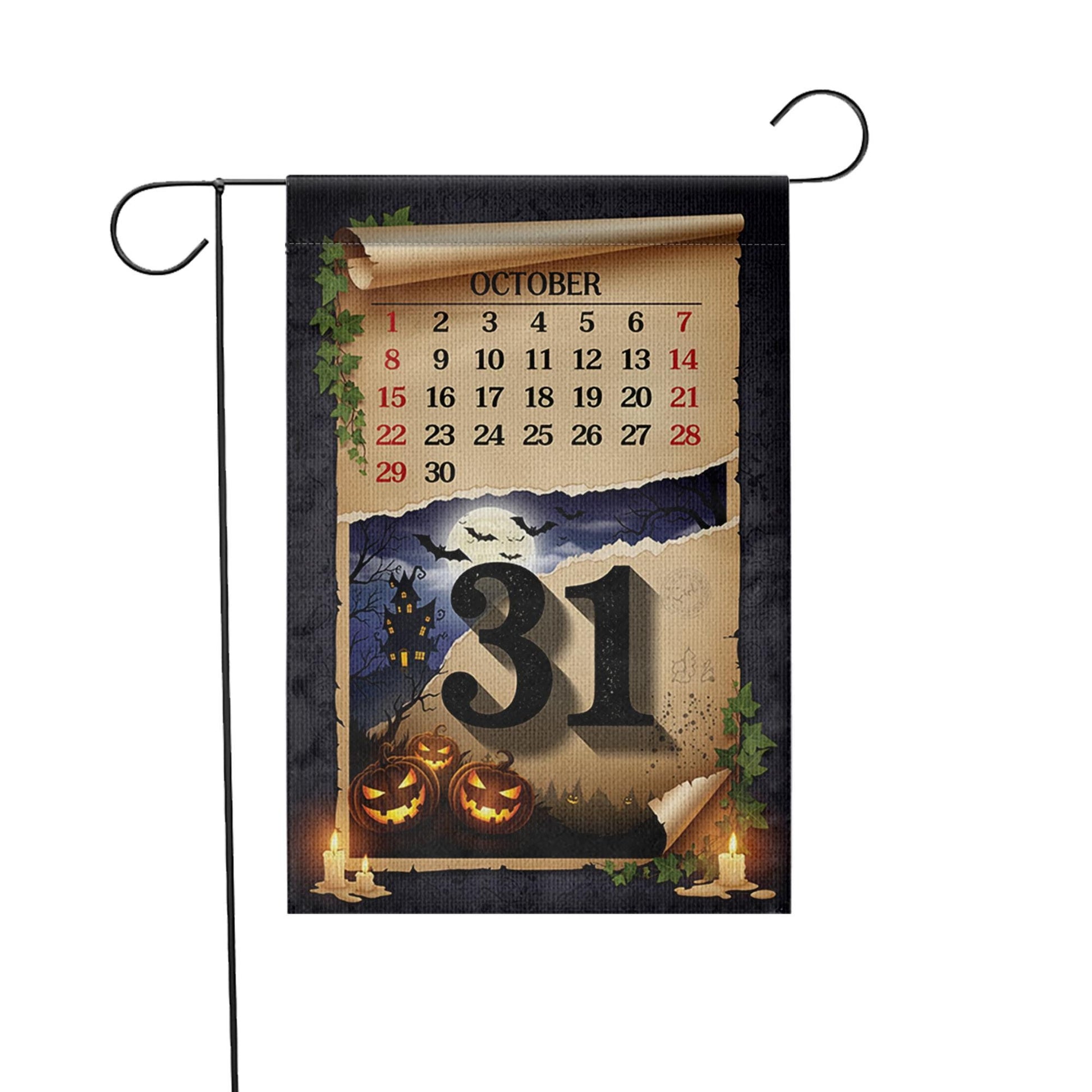 Halloween Garden Flag – October 31 Calendar Yard Decor – Spooky Fall Outdoor Decoration with Pumpkins and Haunted Night Scene