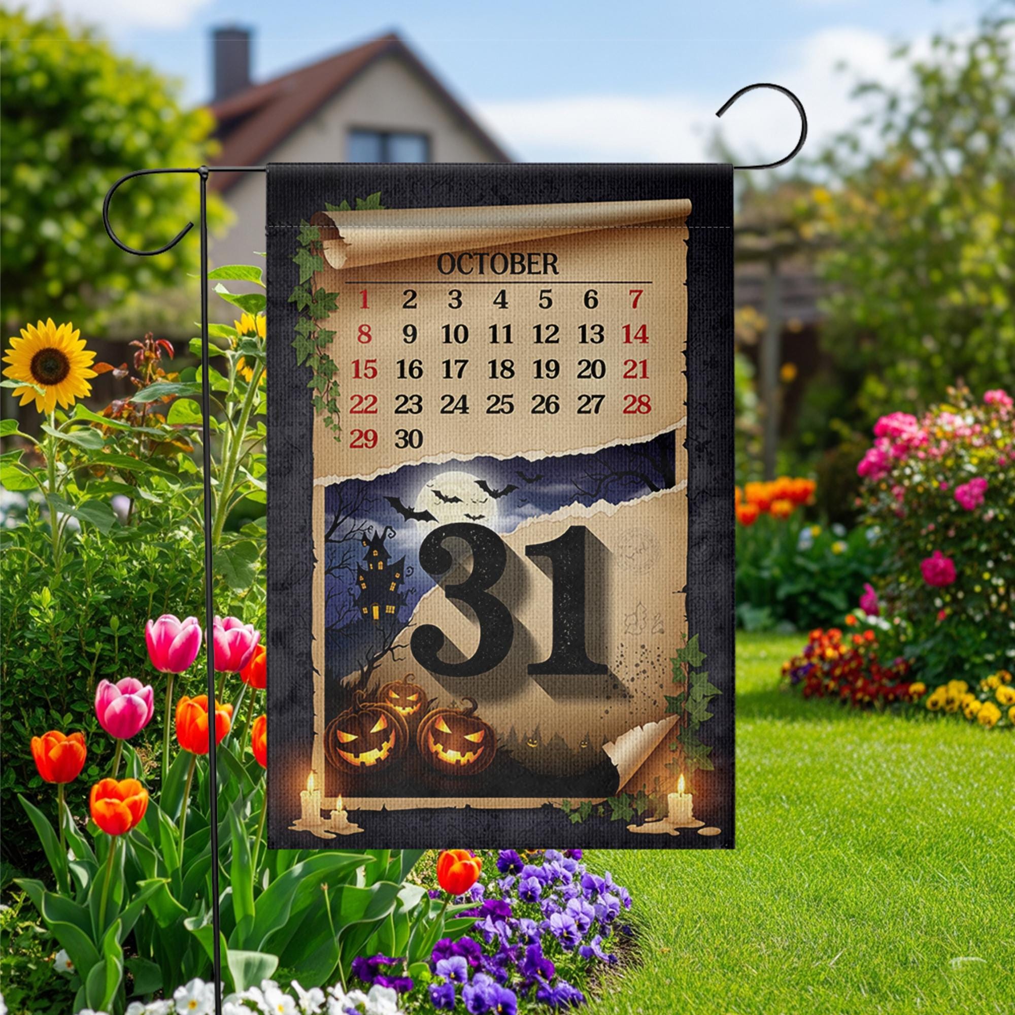 Halloween Garden Flag – October 31 Calendar Yard Decor – Spooky Fall Outdoor Decoration with Pumpkins and Haunted Night Scene