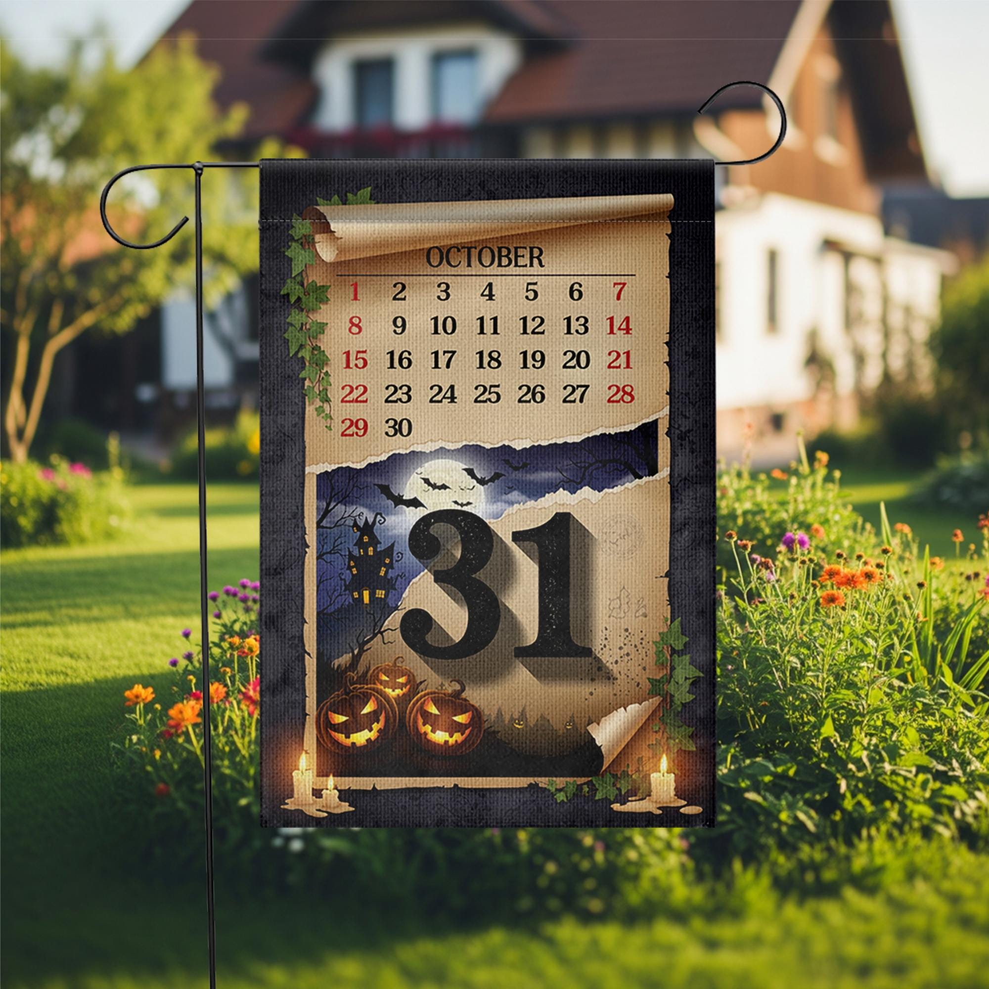 Halloween Garden Flag – October 31 Calendar Yard Decor – Spooky Fall Outdoor Decoration with Pumpkins and Haunted Night Scene