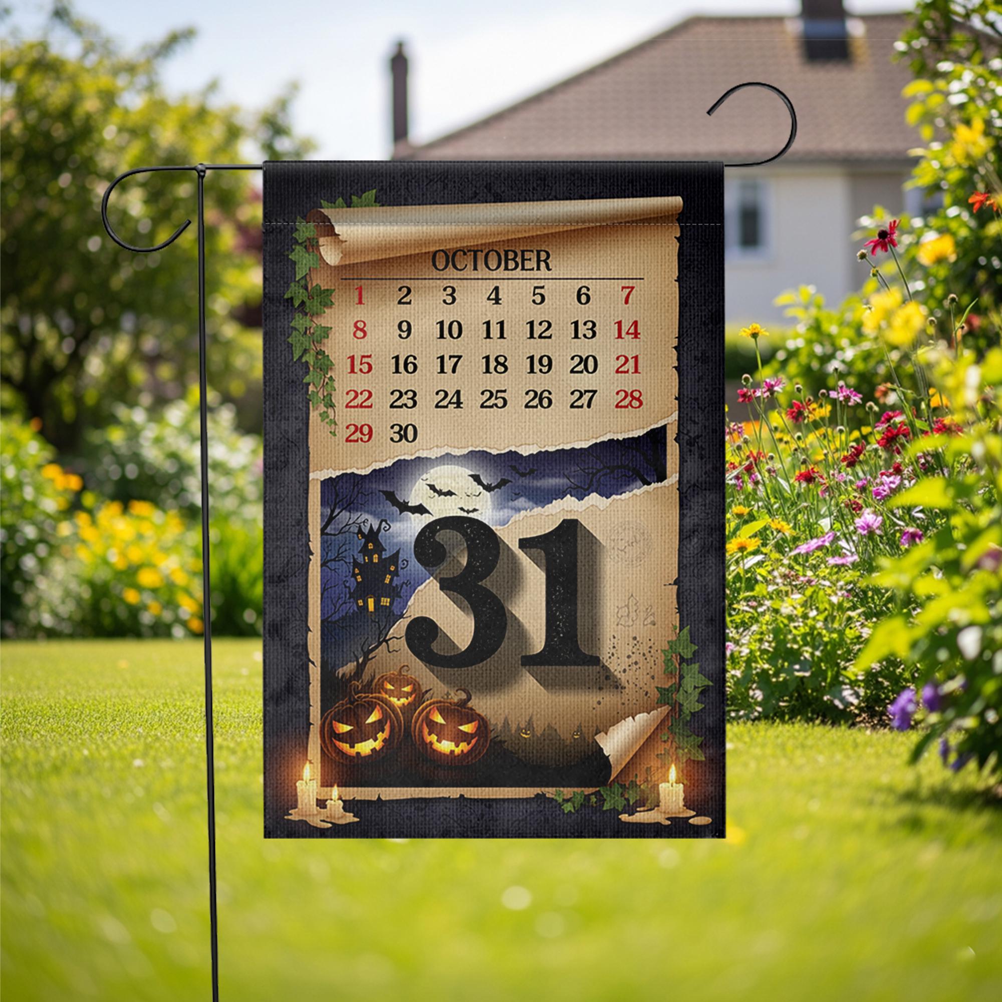 Halloween Garden Flag – October 31 Calendar Yard Decor – Spooky Fall Outdoor Decoration with Pumpkins and Haunted Night Scene