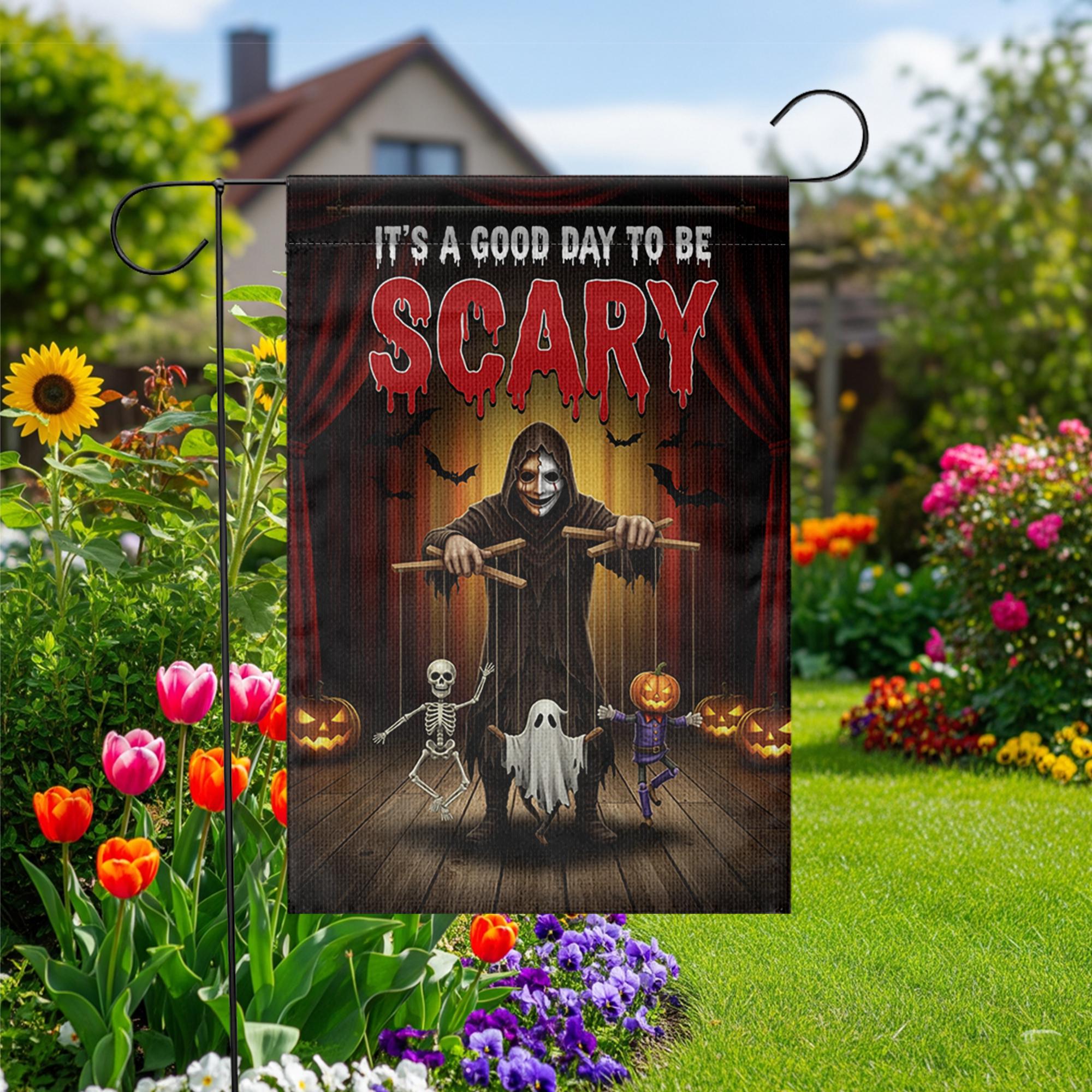 Scary Halloween Garden Flag – Creepy Puppet Master Yard Decor – Spooky Outdoor Decoration with Skeleton Ghost Pumpkin