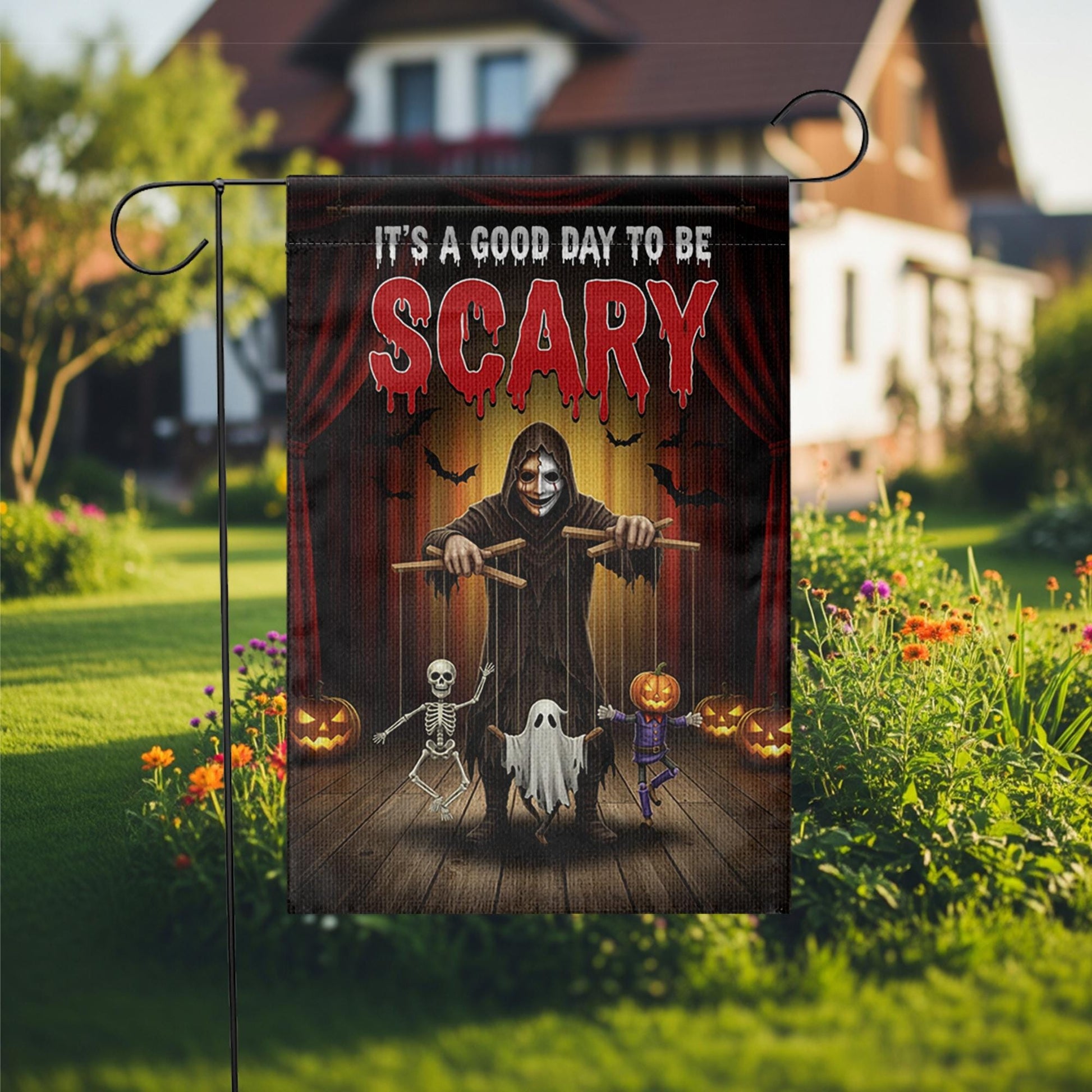 Scary Halloween Garden Flag – Creepy Puppet Master Yard Decor – Spooky Outdoor Decoration with Skeleton Ghost Pumpkin