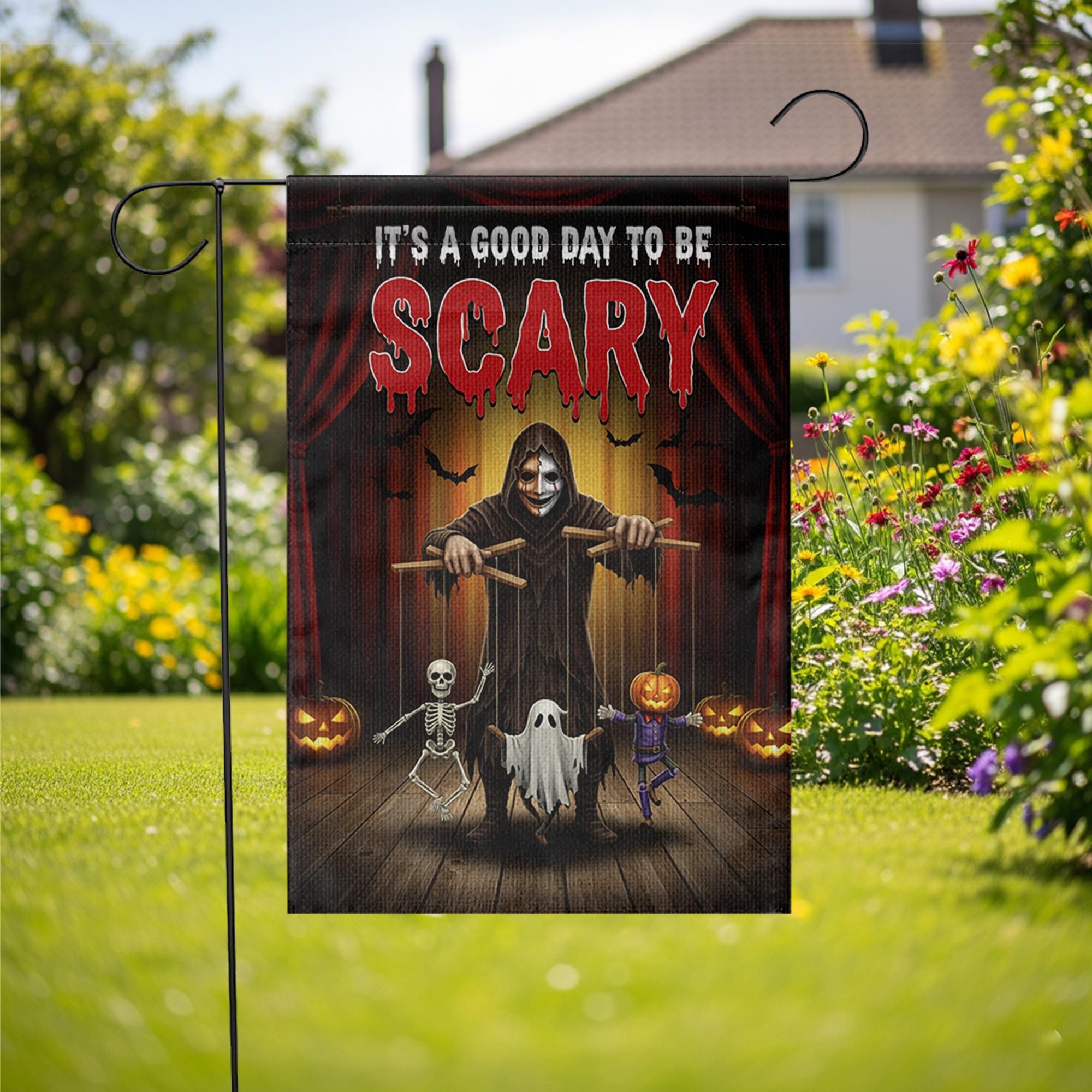 Scary Halloween Garden Flag – Creepy Puppet Master Yard Decor – Spooky Outdoor Decoration with Skeleton Ghost Pumpkin
