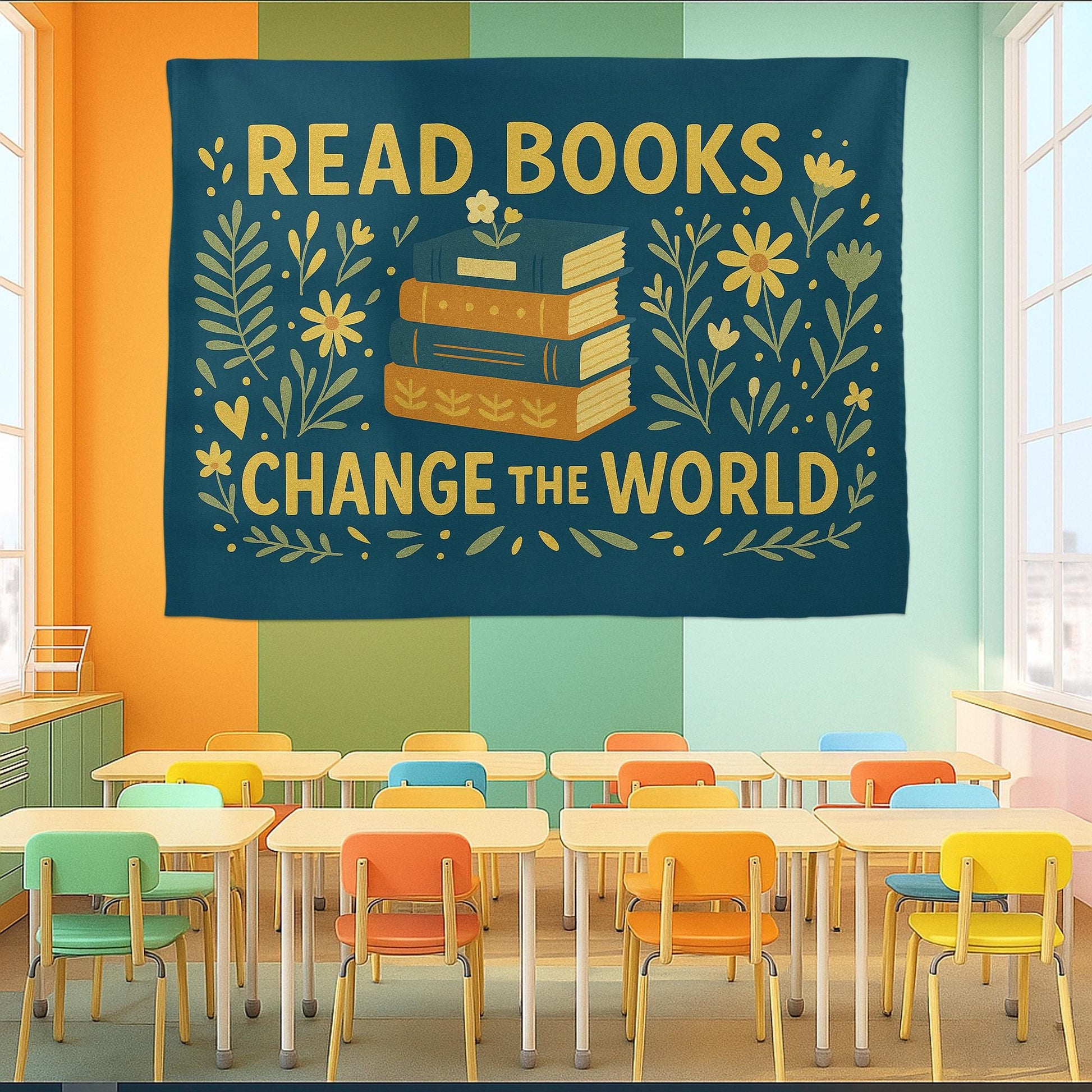 Read Books Change the World Tapestry | Inspirational Book Lover Wall Art | Library Classroom Decor | Cozy Literary Reading Banner