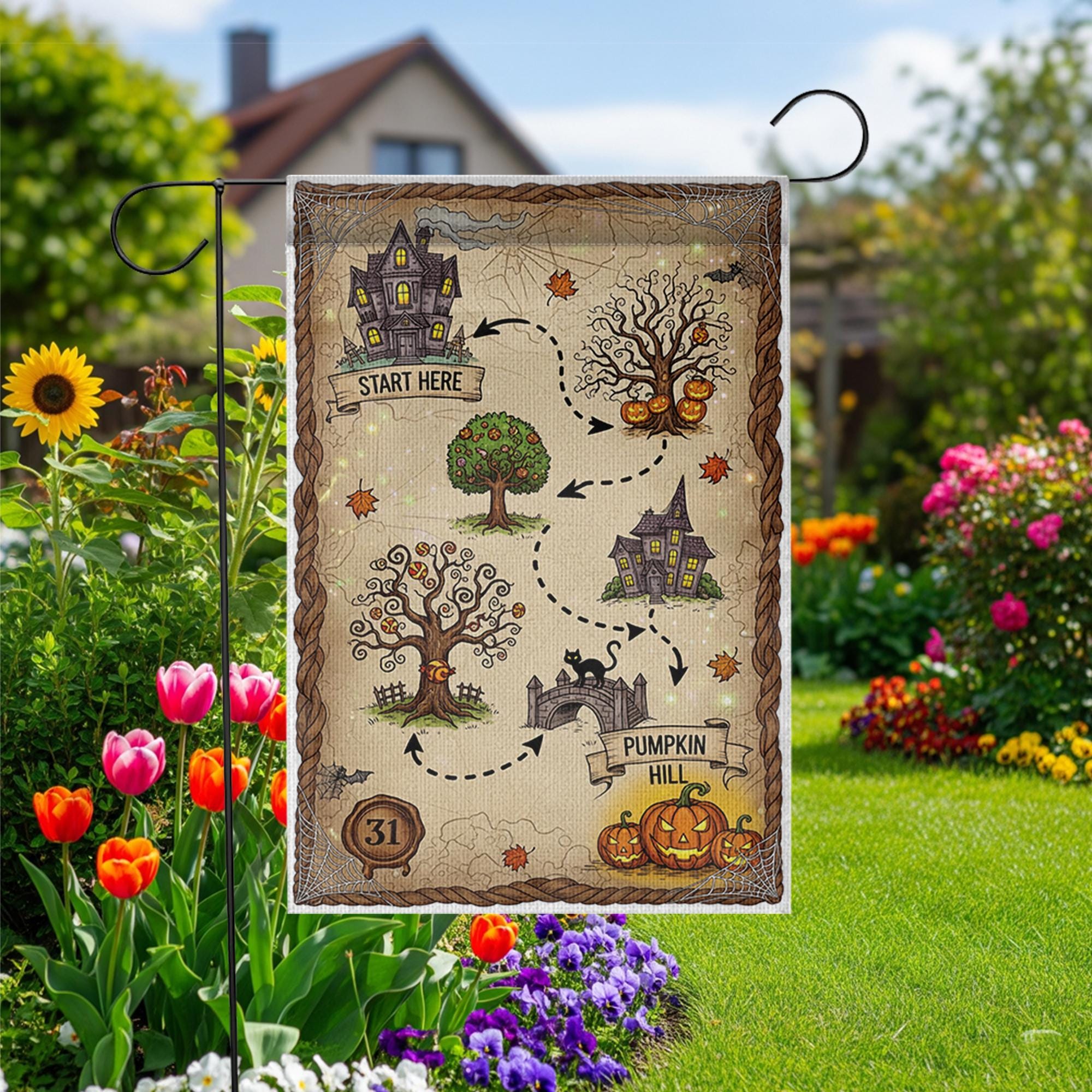 Halloween Treasure Map Garden Flag – Pumpkin Hill Yard Decor – Cute Spooky Outdoor Halloween Decoration for Kids and Family