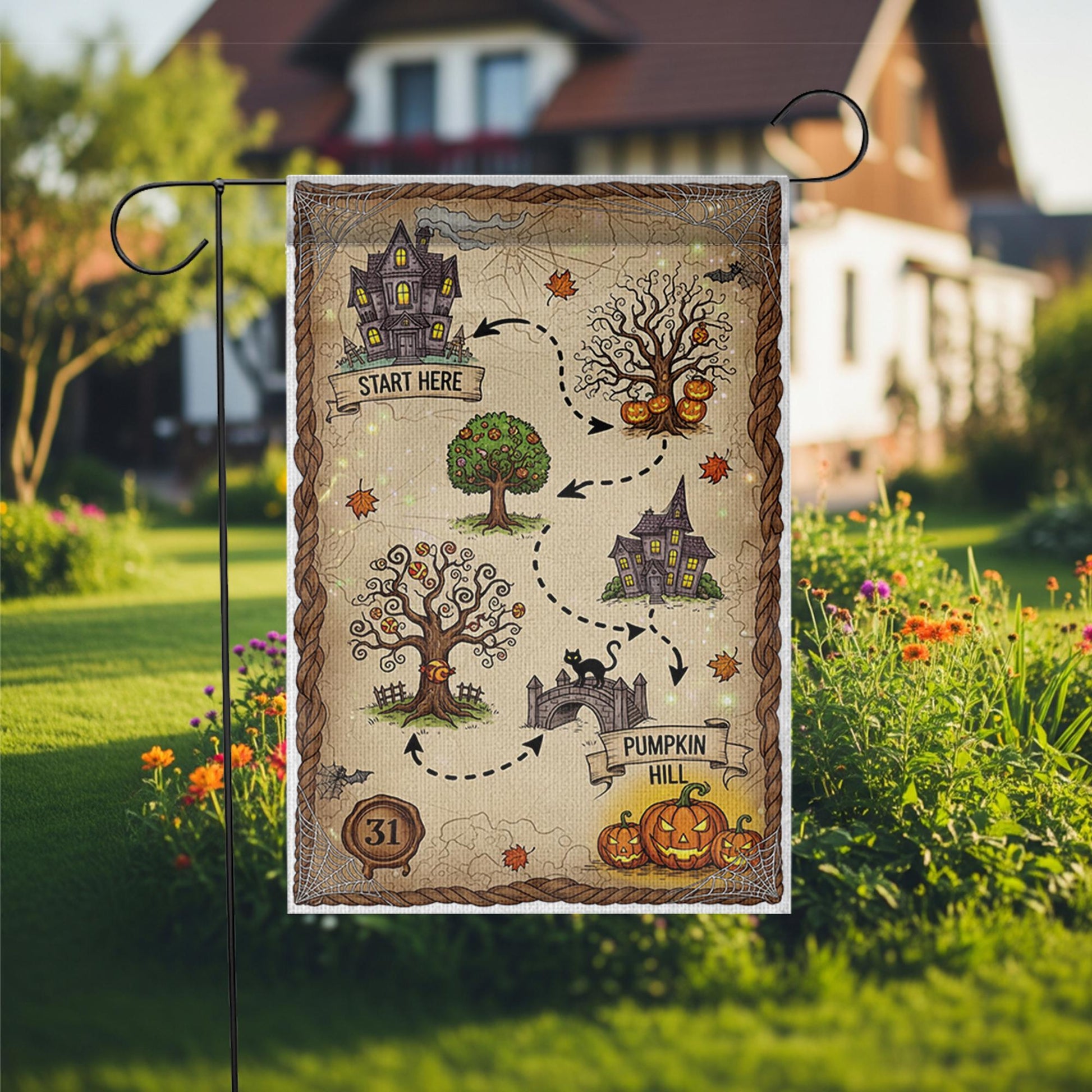 Halloween Treasure Map Garden Flag – Pumpkin Hill Yard Decor – Cute Spooky Outdoor Halloween Decoration for Kids and Family
