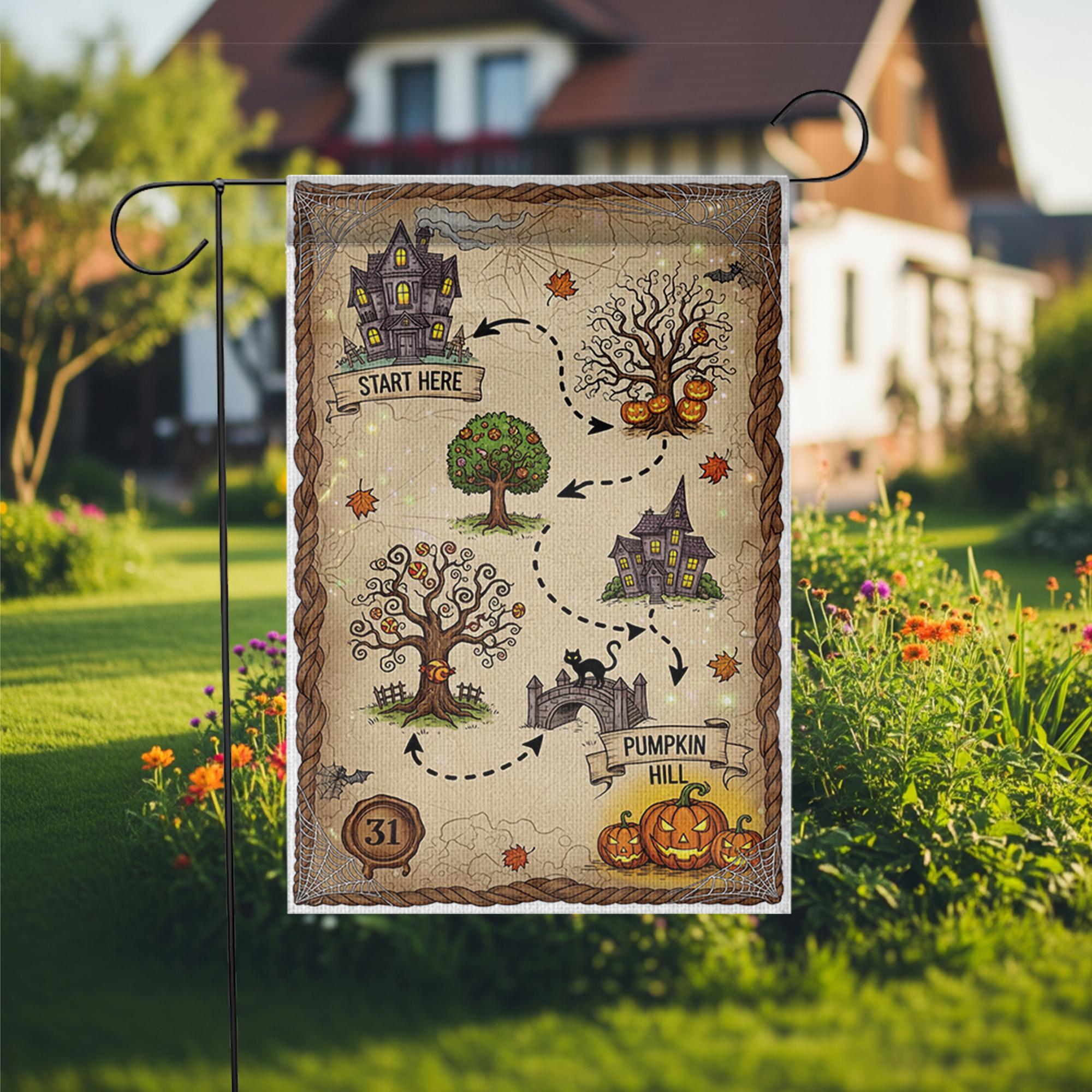 Halloween Treasure Map Garden Flag – Pumpkin Hill Yard Decor – Cute Spooky Outdoor Halloween Decoration for Kids and Family