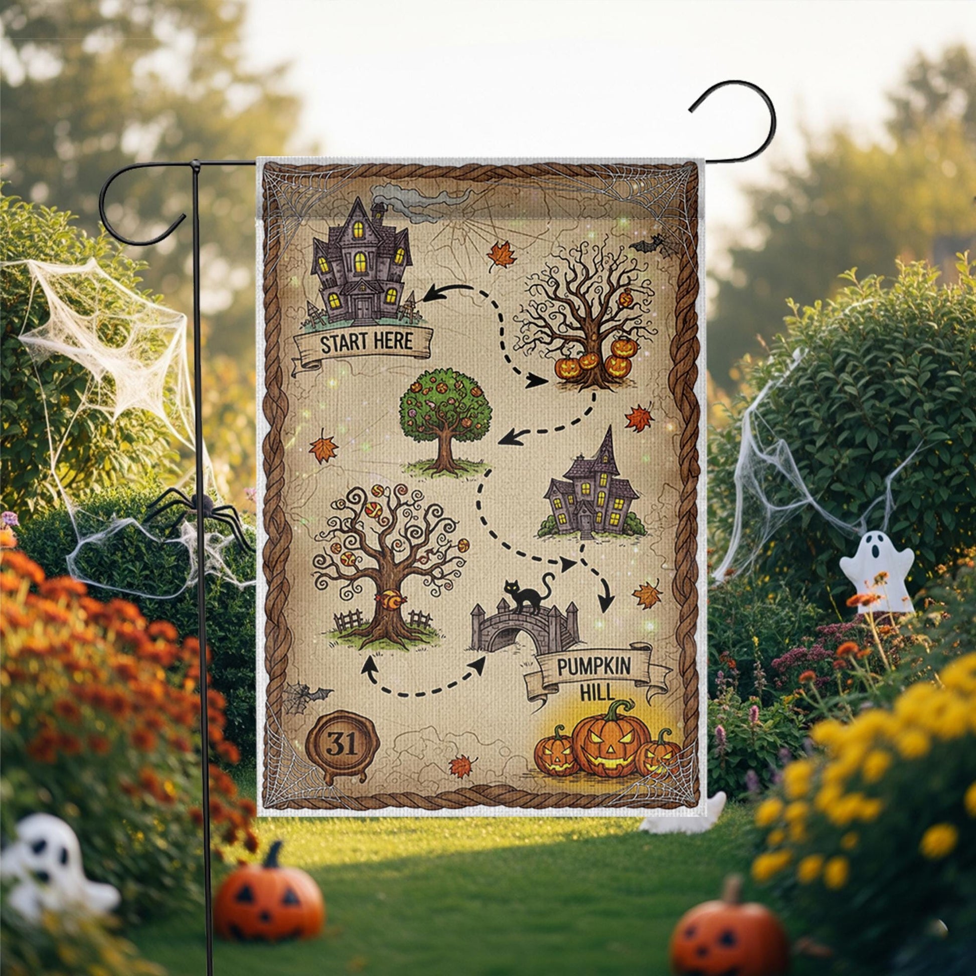 Halloween Treasure Map Garden Flag – Pumpkin Hill Yard Decor – Cute Spooky Outdoor Halloween Decoration for Kids and Family