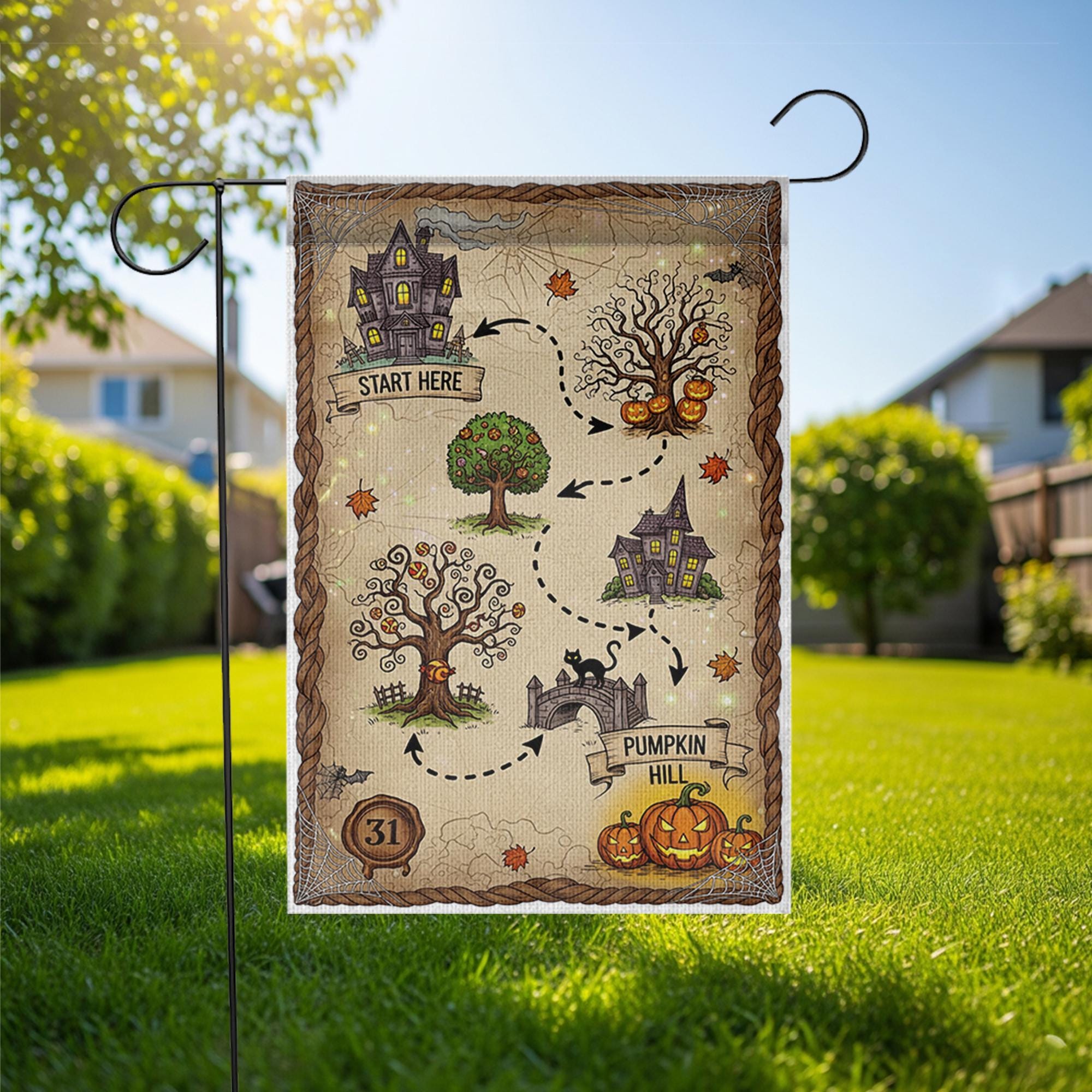 Halloween Treasure Map Garden Flag – Pumpkin Hill Yard Decor – Cute Spooky Outdoor Halloween Decoration for Kids and Family
