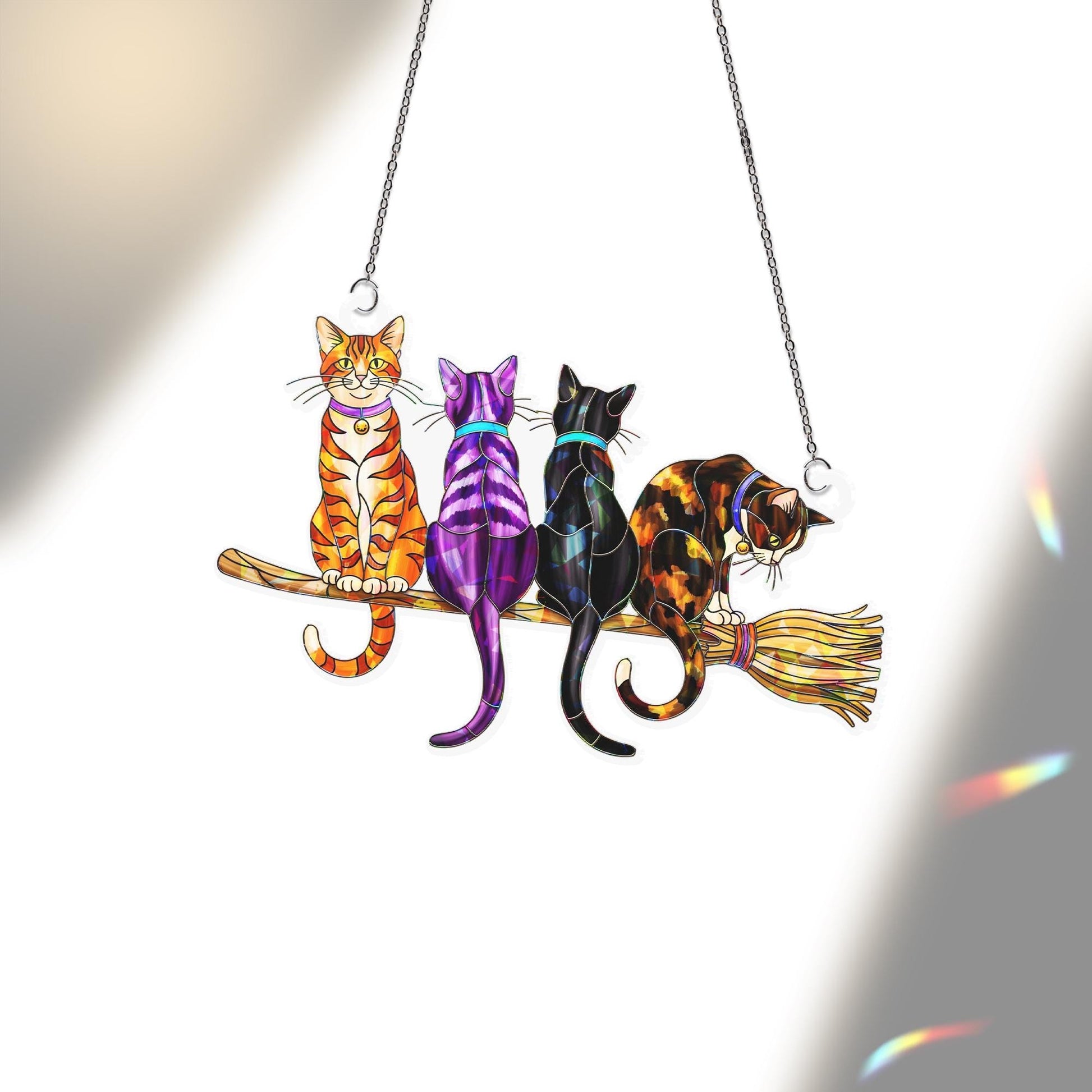 Witchy Cat Broomstick Suncatcher – Halloween Stained Glass Window Decor – Cute Black & Tabby Cat Ornament for Cat Lovers