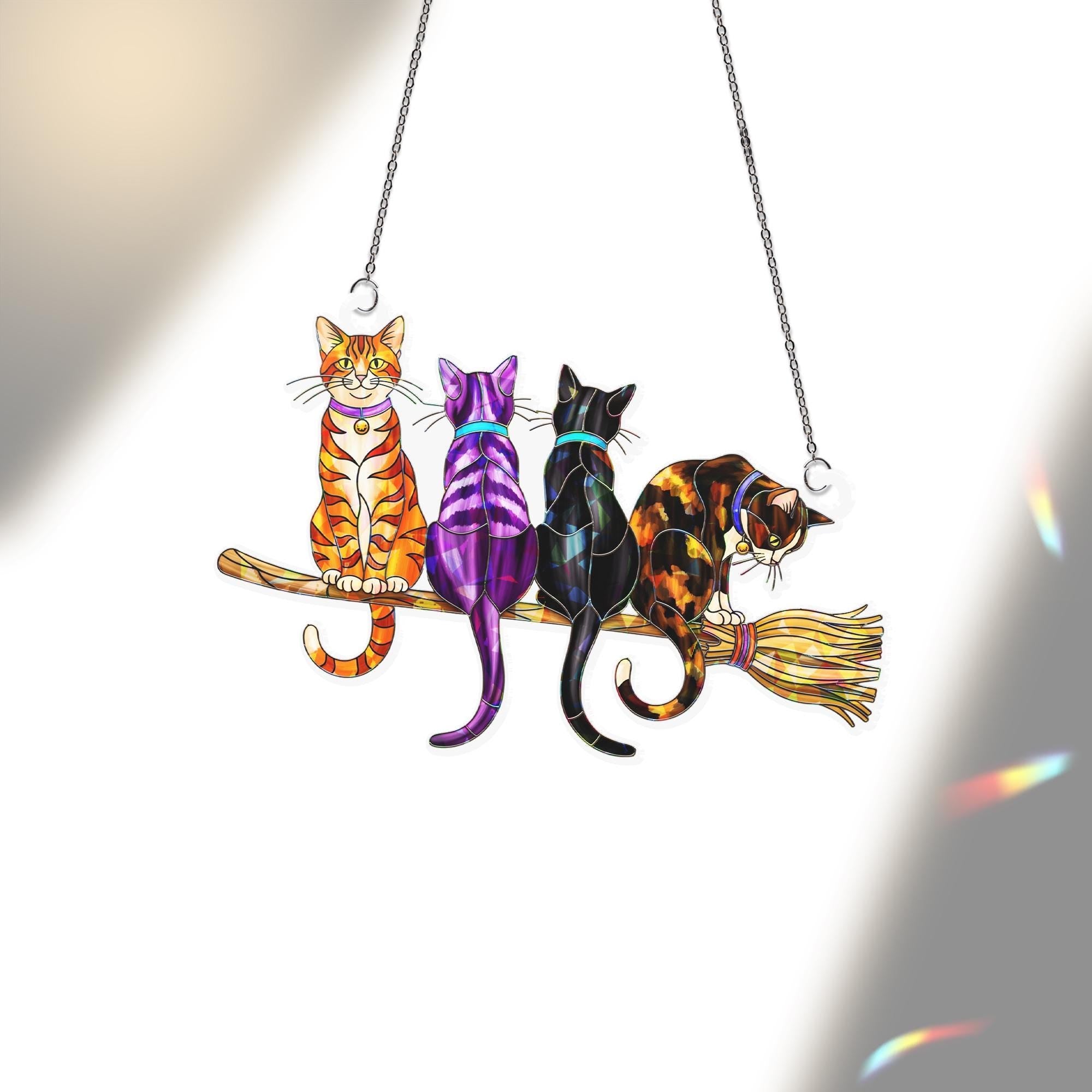 Witchy Cat Broomstick Suncatcher – Halloween Stained Glass Window Decor – Cute Black & Tabby Cat Ornament for Cat Lovers