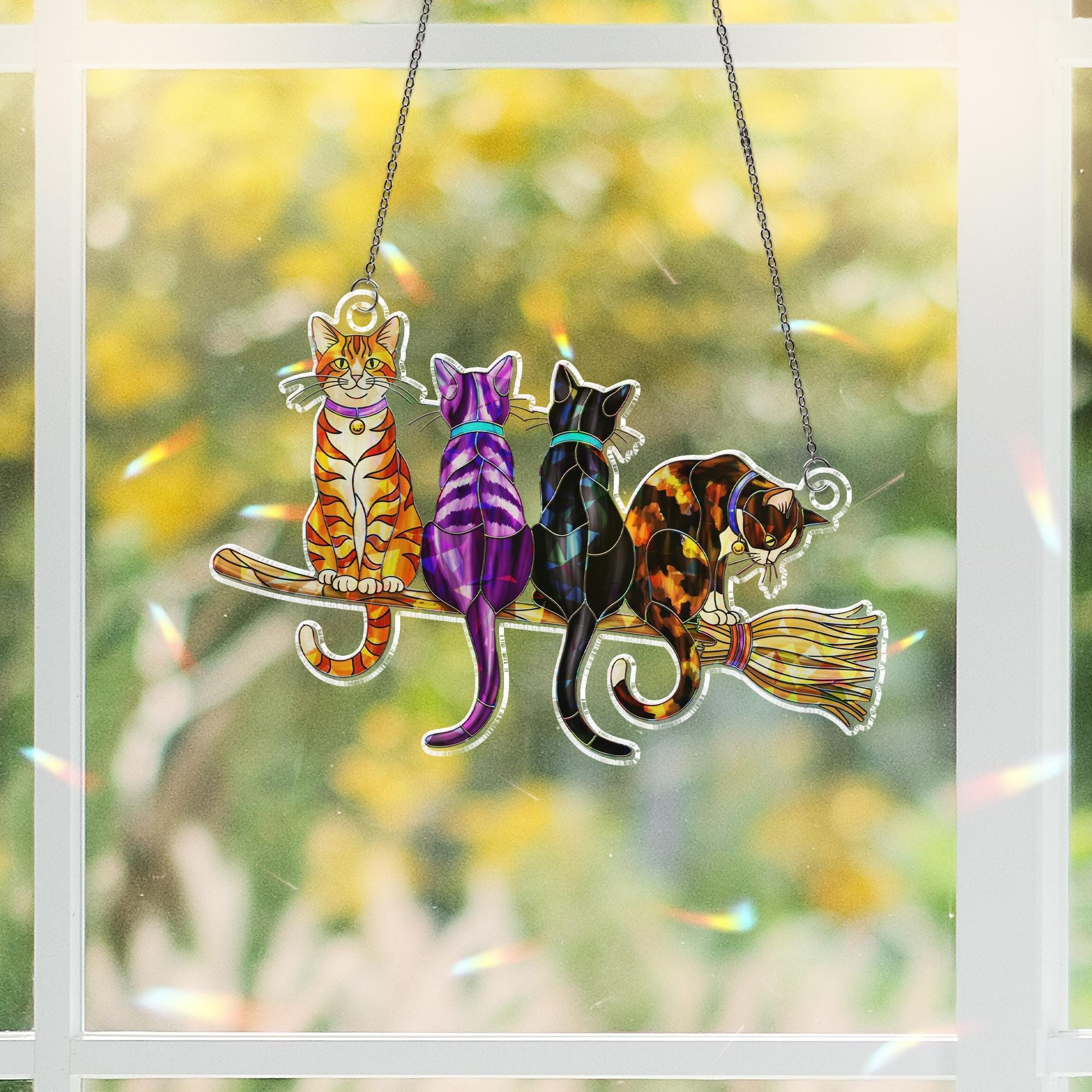 Witchy Cat Broomstick Suncatcher – Halloween Stained Glass Window Decor – Cute Black & Tabby Cat Ornament for Cat Lovers