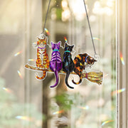 Witchy Cat Broomstick Suncatcher – Halloween Stained Glass Window Decor – Cute Black & Tabby Cat Ornament for Cat Lovers