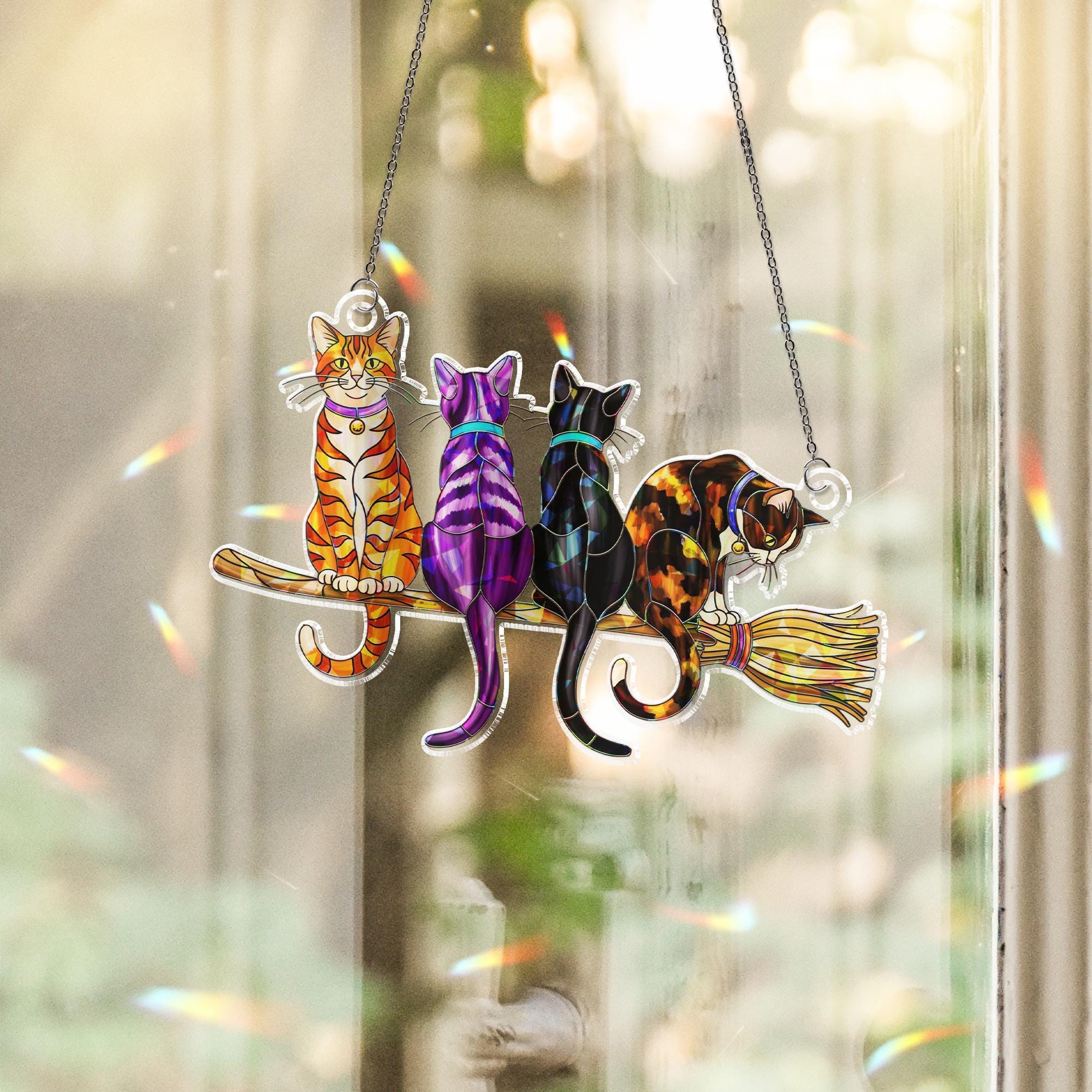 Witchy Cat Broomstick Suncatcher – Halloween Stained Glass Window Decor – Cute Black & Tabby Cat Ornament for Cat Lovers