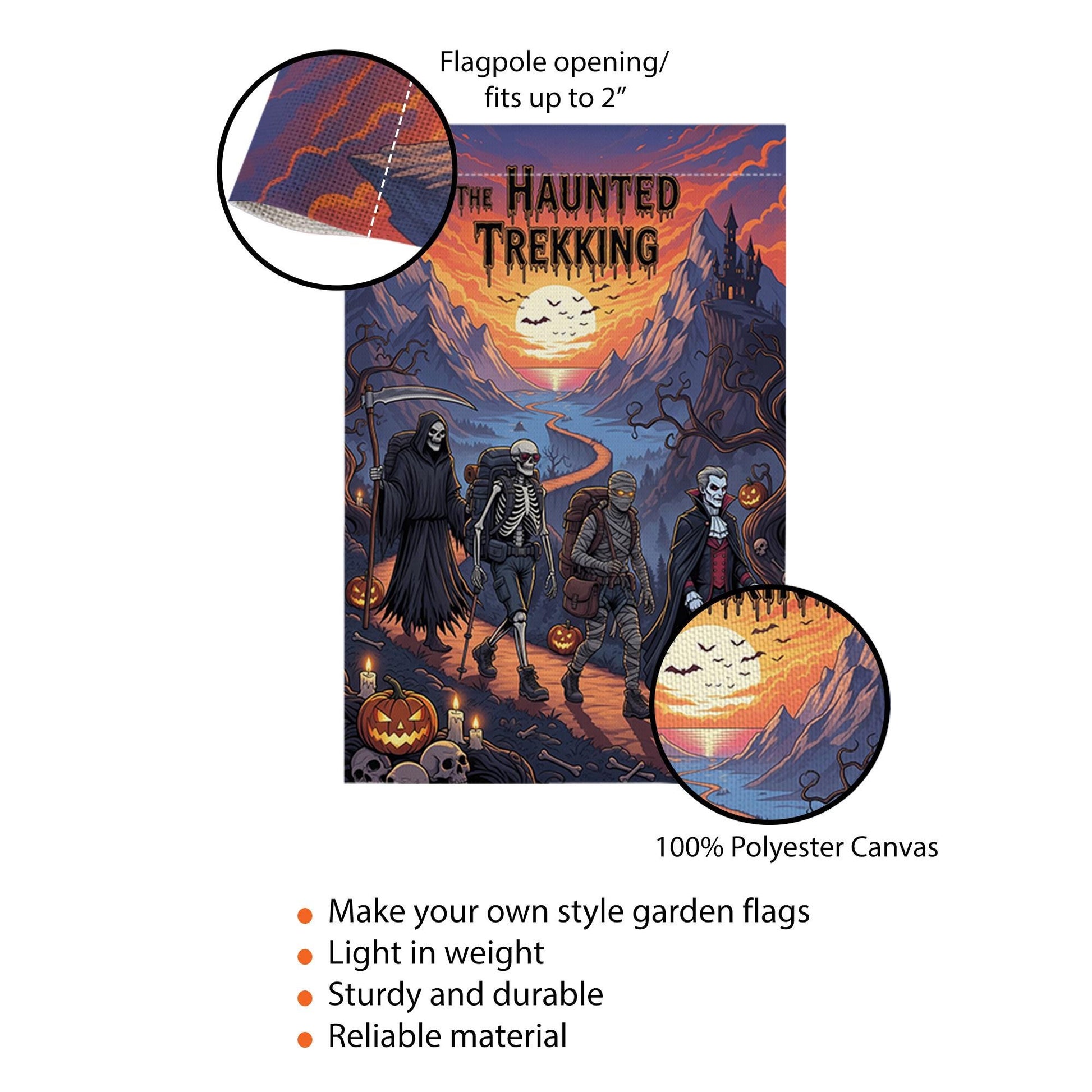 Haunted Trekking Halloween Garden Flag – Spooky Monster Hiking Yard Decor – Dracula Skeleton Mummy Reaper Outdoor Flag
