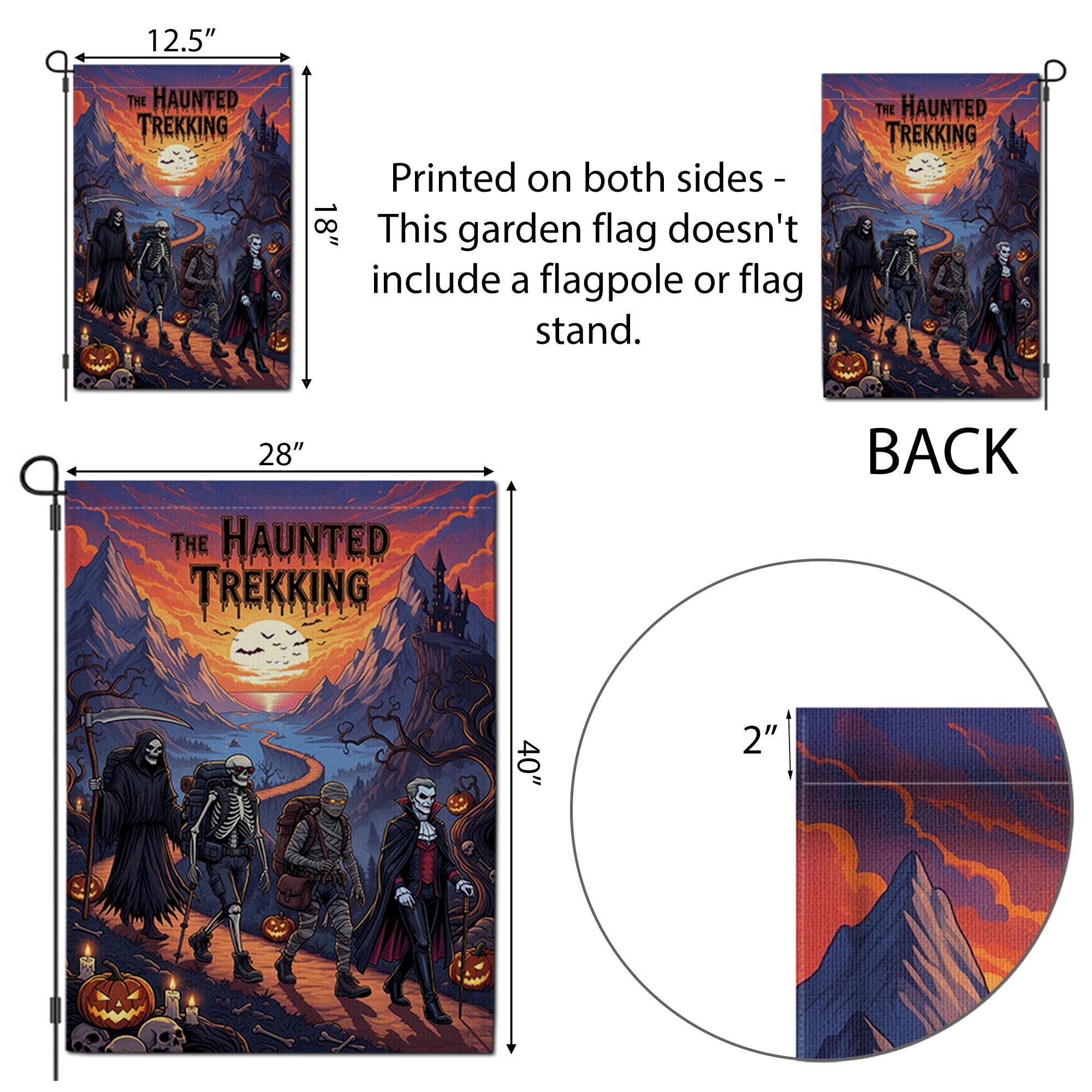 Haunted Trekking Halloween Garden Flag – Spooky Monster Hiking Yard Decor – Dracula Skeleton Mummy Reaper Outdoor Flag