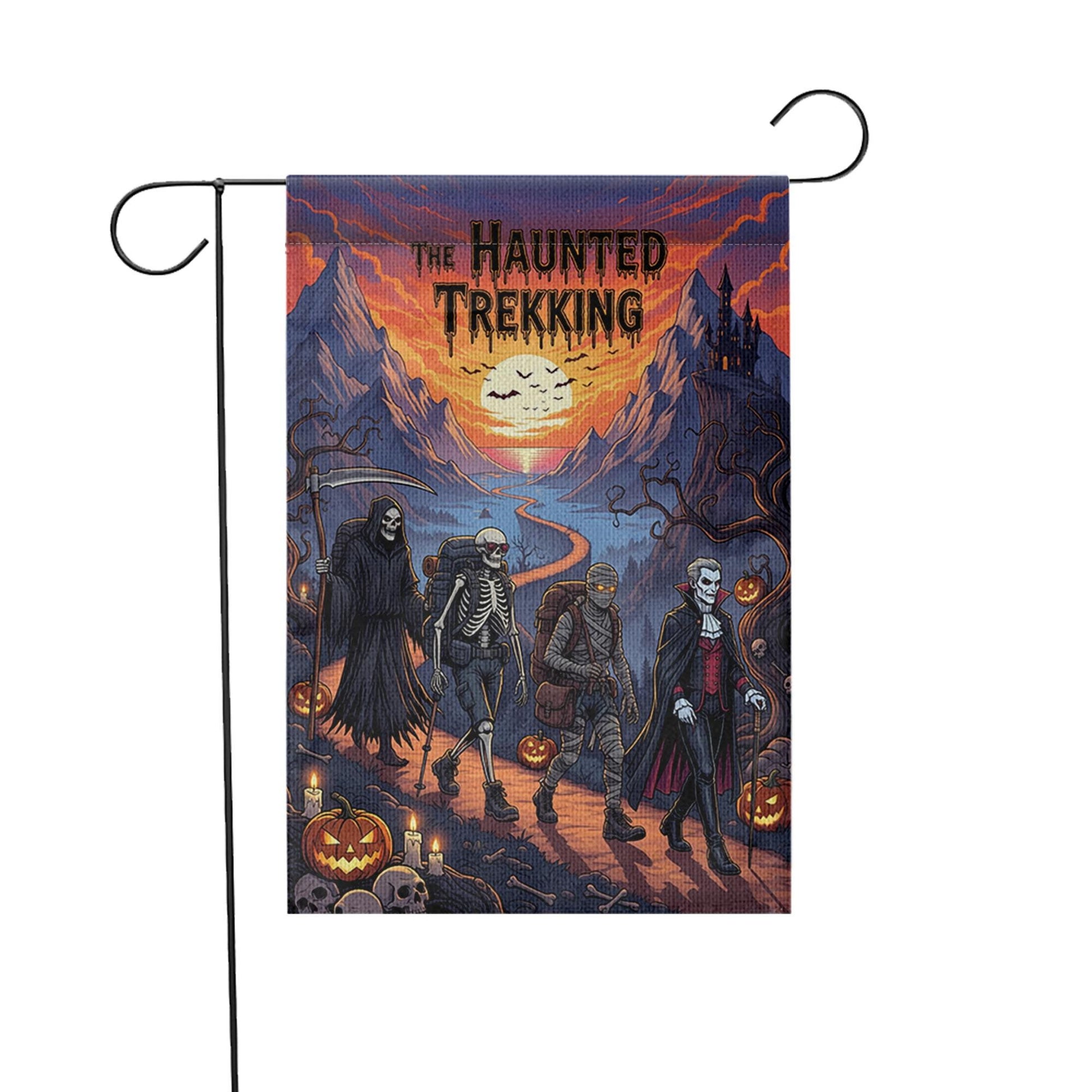 Haunted Trekking Halloween Garden Flag – Spooky Monster Hiking Yard Decor – Dracula Skeleton Mummy Reaper Outdoor Flag