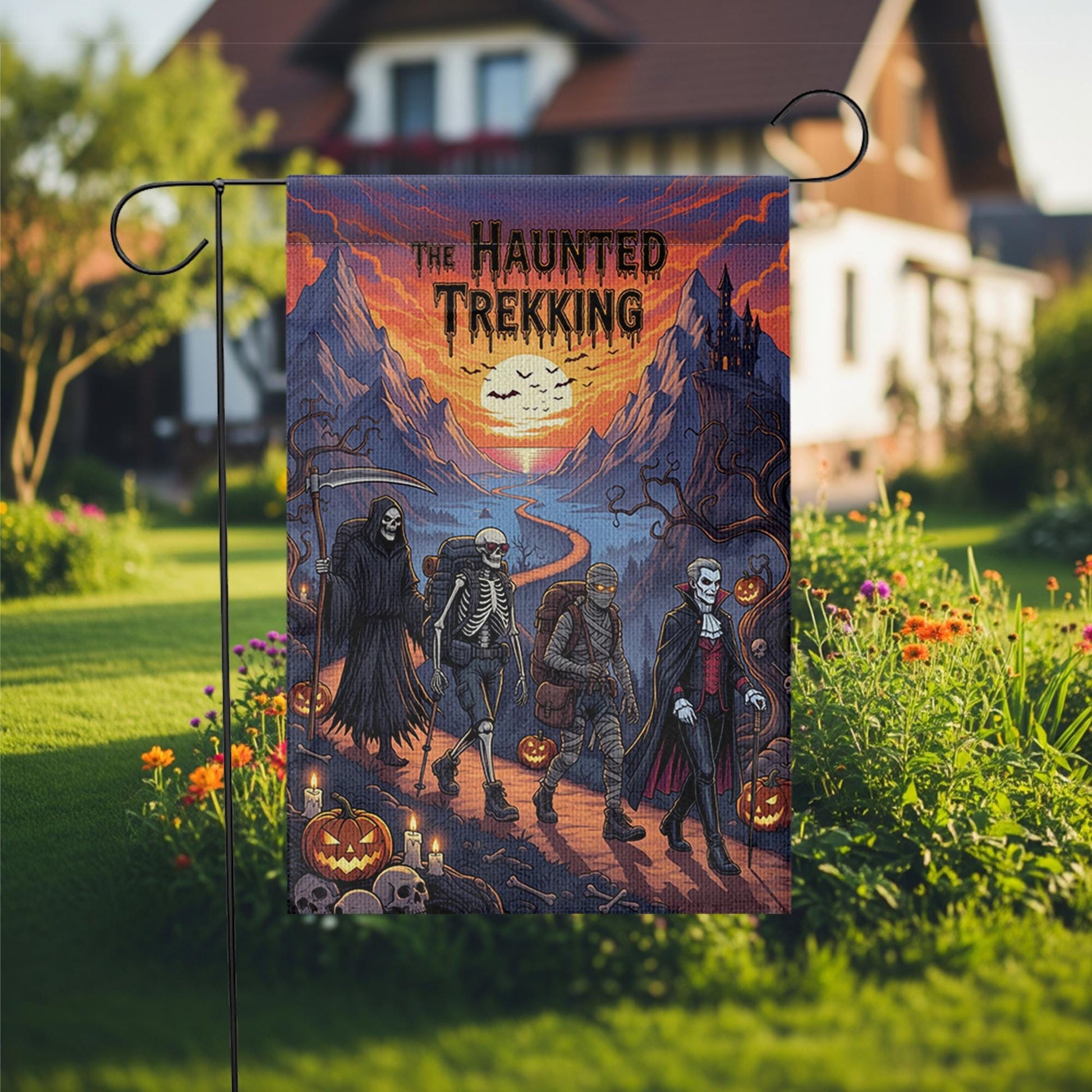 Haunted Trekking Halloween Garden Flag – Spooky Monster Hiking Yard Decor – Dracula Skeleton Mummy Reaper Outdoor Flag