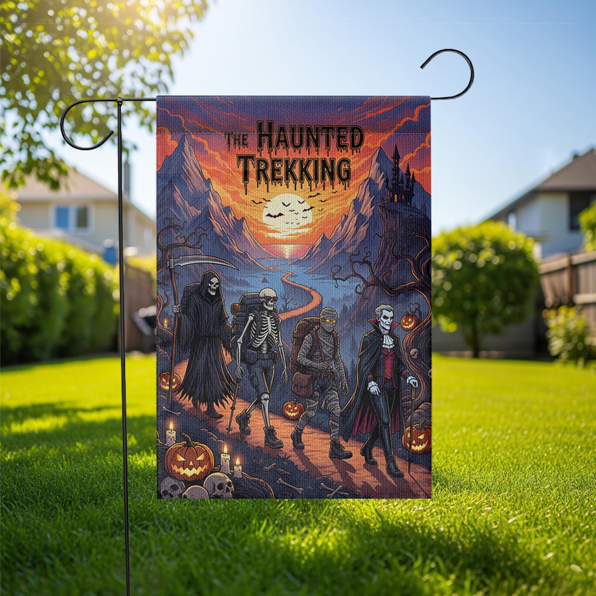 Haunted Trekking Halloween Garden Flag – Spooky Monster Hiking Yard Decor – Dracula Skeleton Mummy Reaper Outdoor Flag
