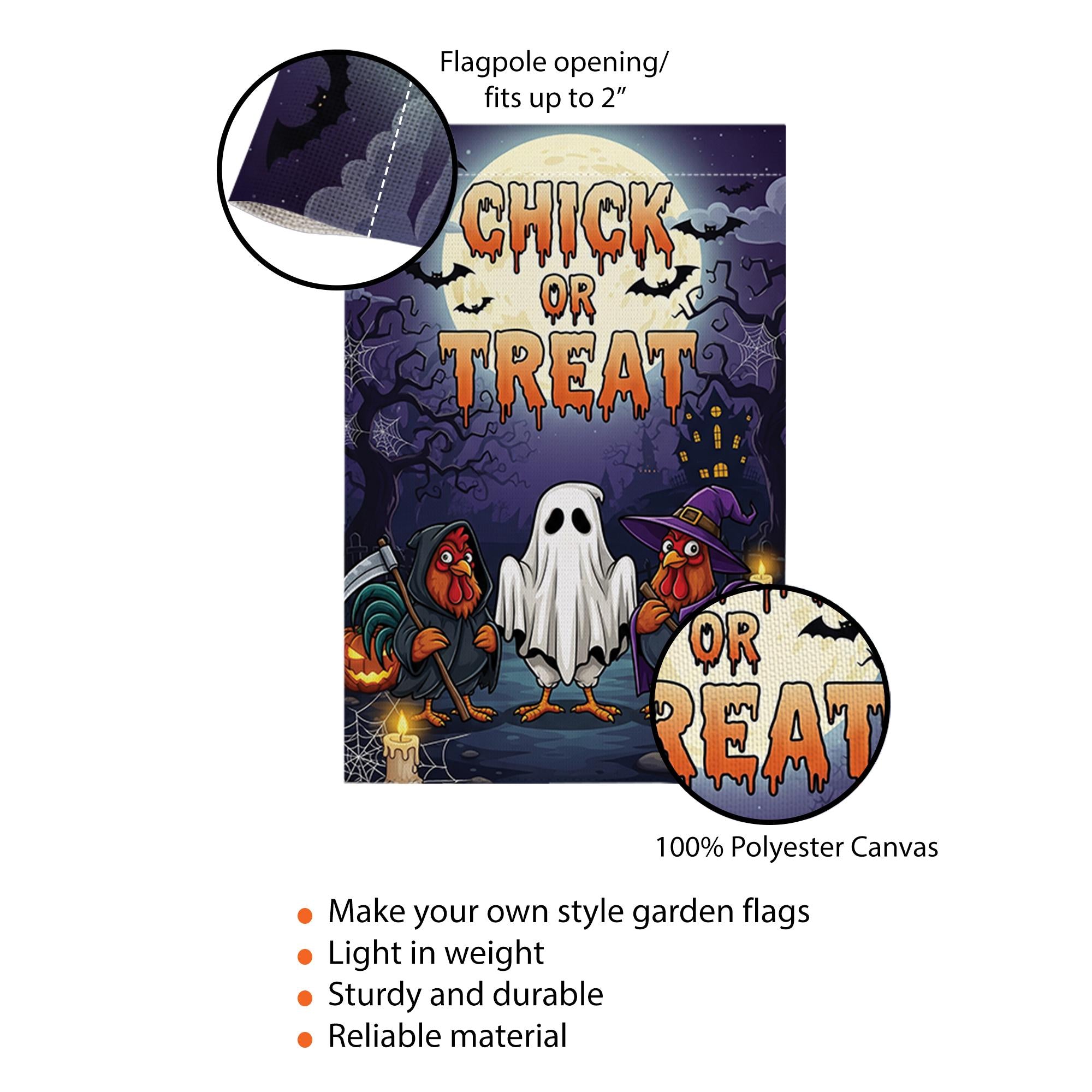 Chick or Treat Halloween Garden Flag – Funny Chicken Yard Decor – Farmhouse Fall Outdoor Decoration with Ghost Rooster Design