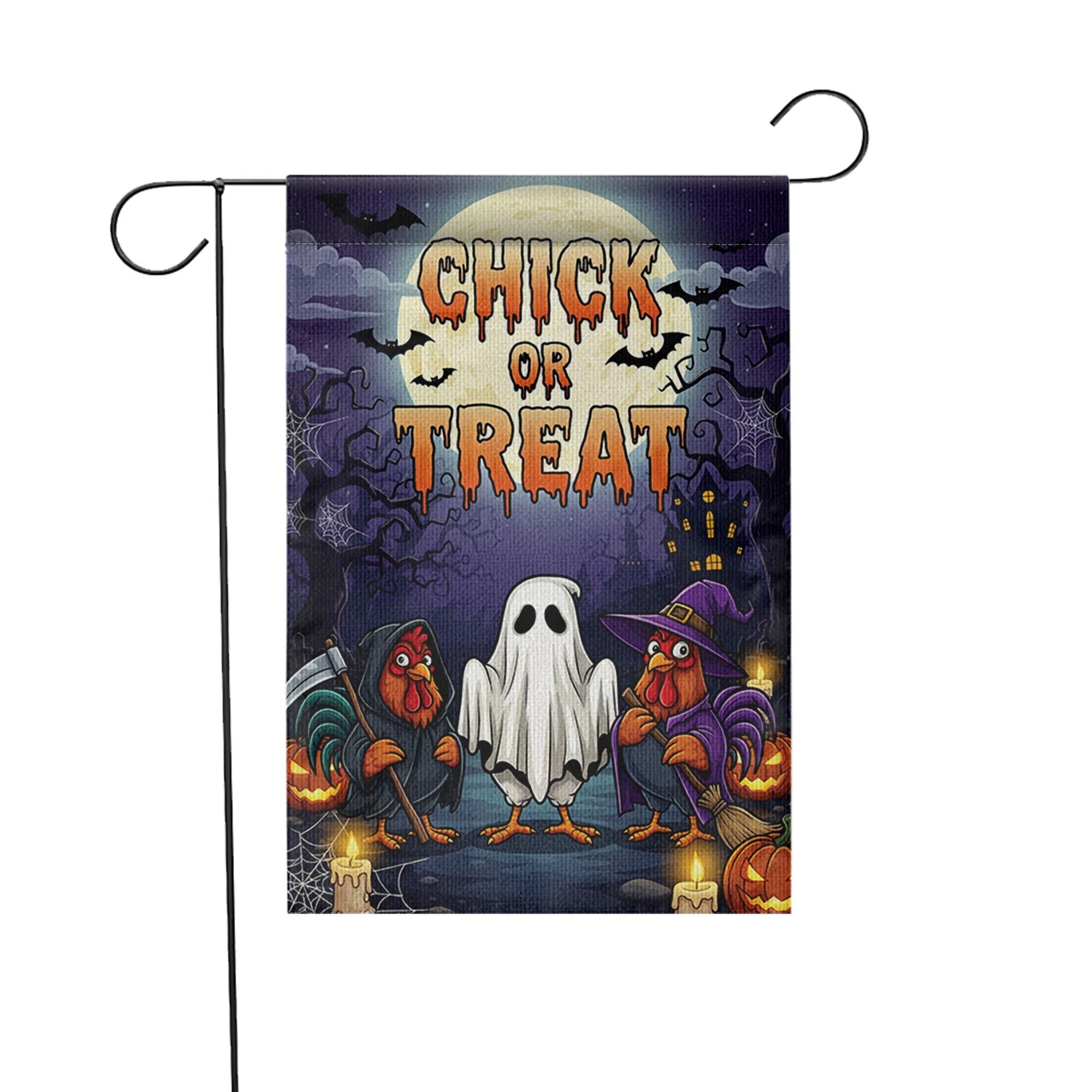 Chick or Treat Halloween Garden Flag – Funny Chicken Yard Decor – Farmhouse Fall Outdoor Decoration with Ghost Rooster Design