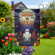 Chick or Treat Halloween Garden Flag – Funny Chicken Yard Decor – Farmhouse Fall Outdoor Decoration with Ghost Rooster Design