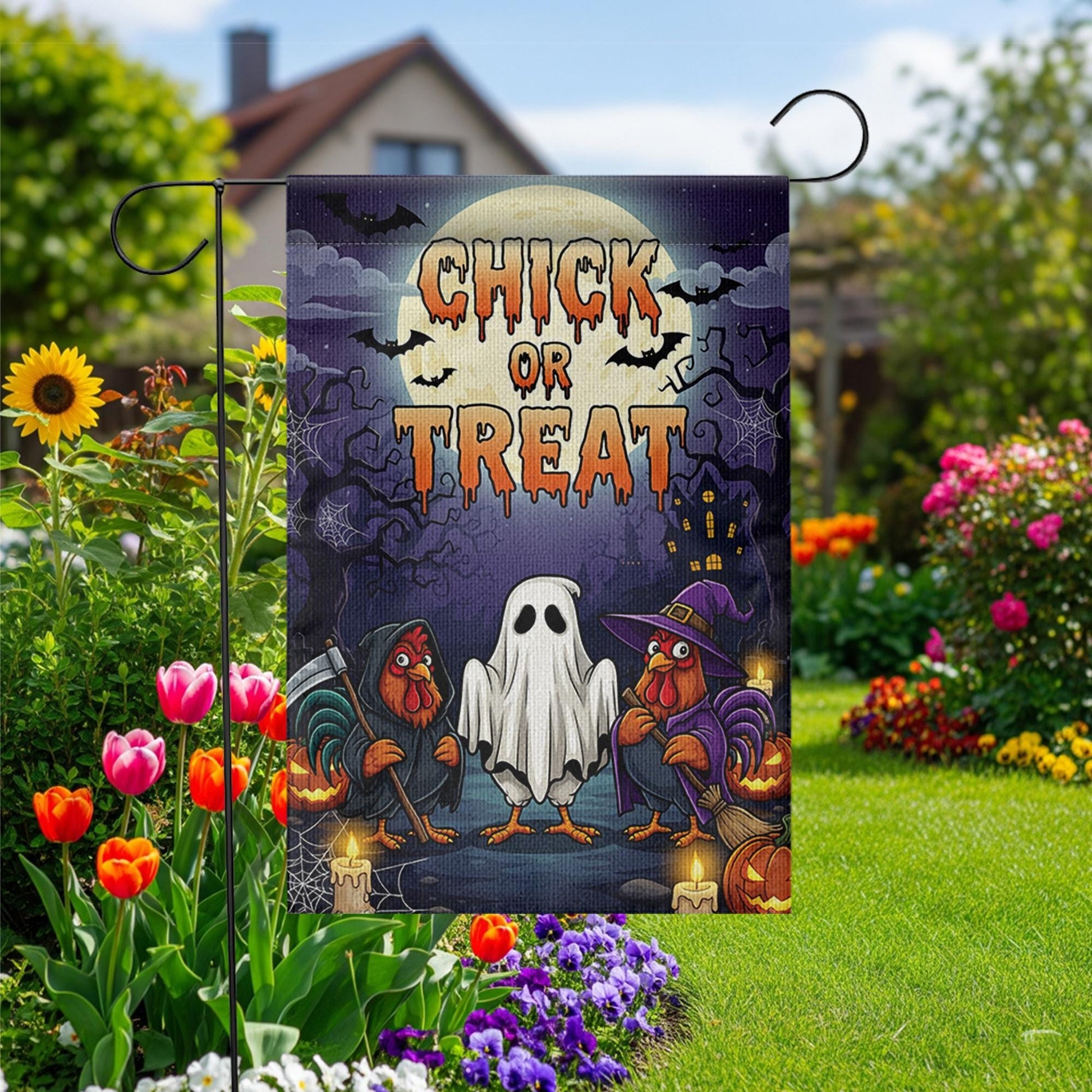 Chick or Treat Halloween Garden Flag – Funny Chicken Yard Decor – Farmhouse Fall Outdoor Decoration with Ghost Rooster Design