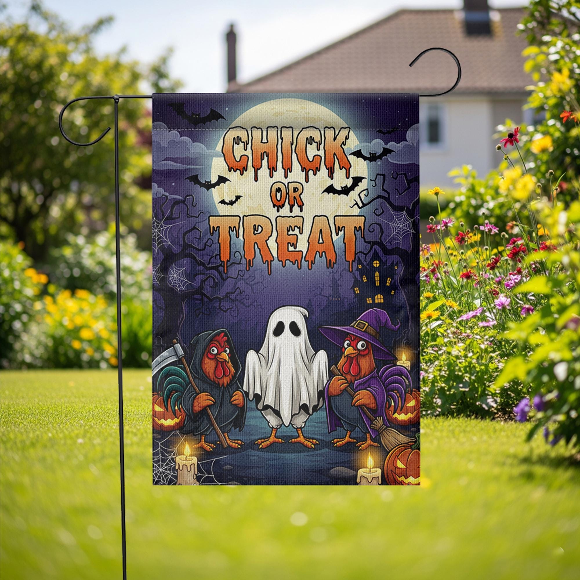 Chick or Treat Halloween Garden Flag – Funny Chicken Yard Decor – Farmhouse Fall Outdoor Decoration with Ghost Rooster Design