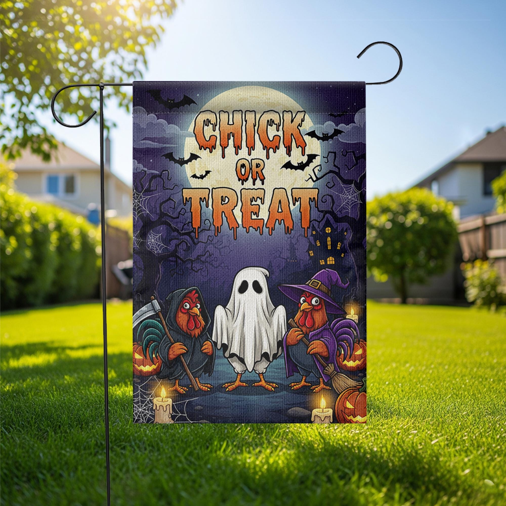 Chick or Treat Halloween Garden Flag – Funny Chicken Yard Decor – Farmhouse Fall Outdoor Decoration with Ghost Rooster Design