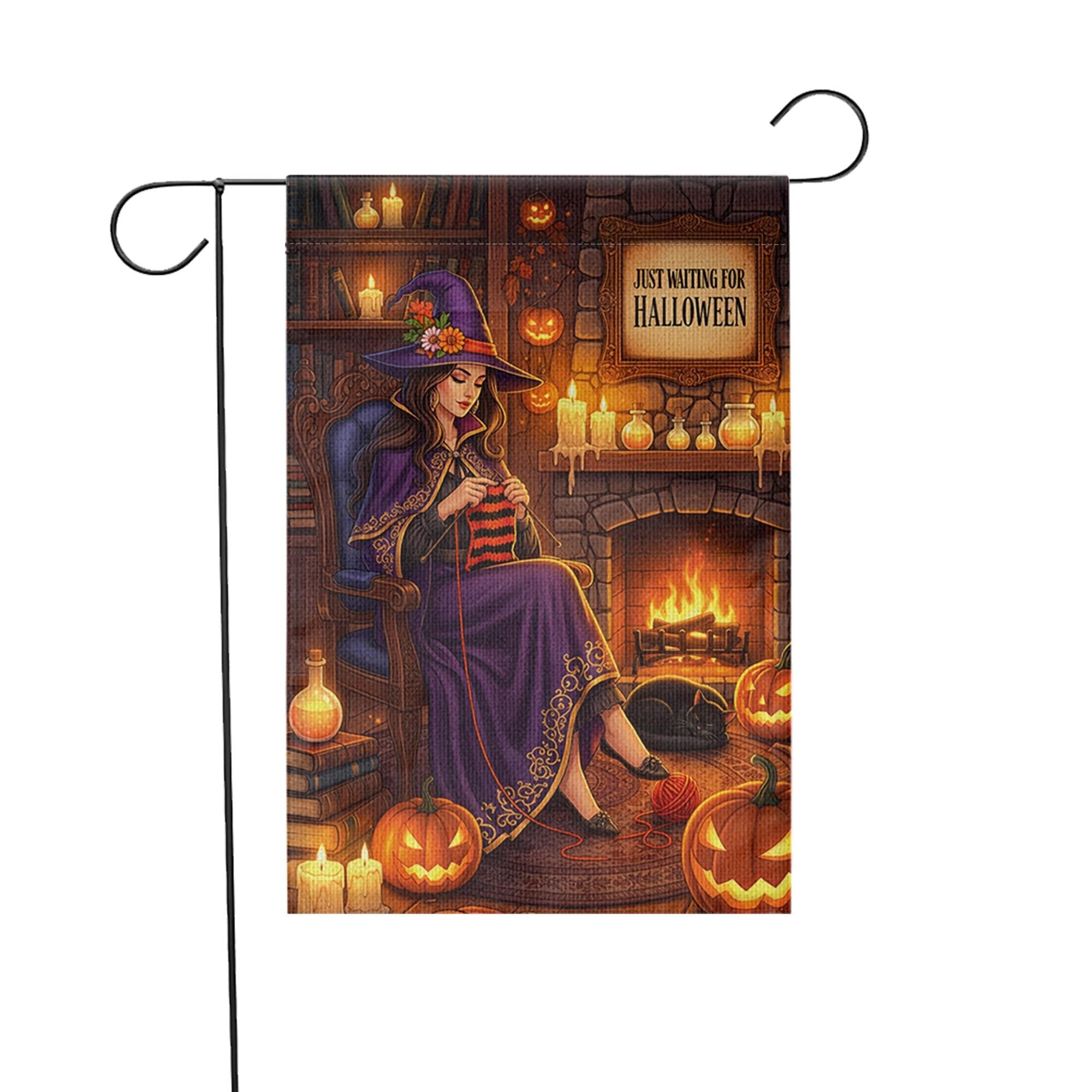 Just Waiting for Halloween Garden Flag – Cozy Witch Knitting Fall Decor – Witchcore Halloween Yard Sign with Pumpkins & Cat