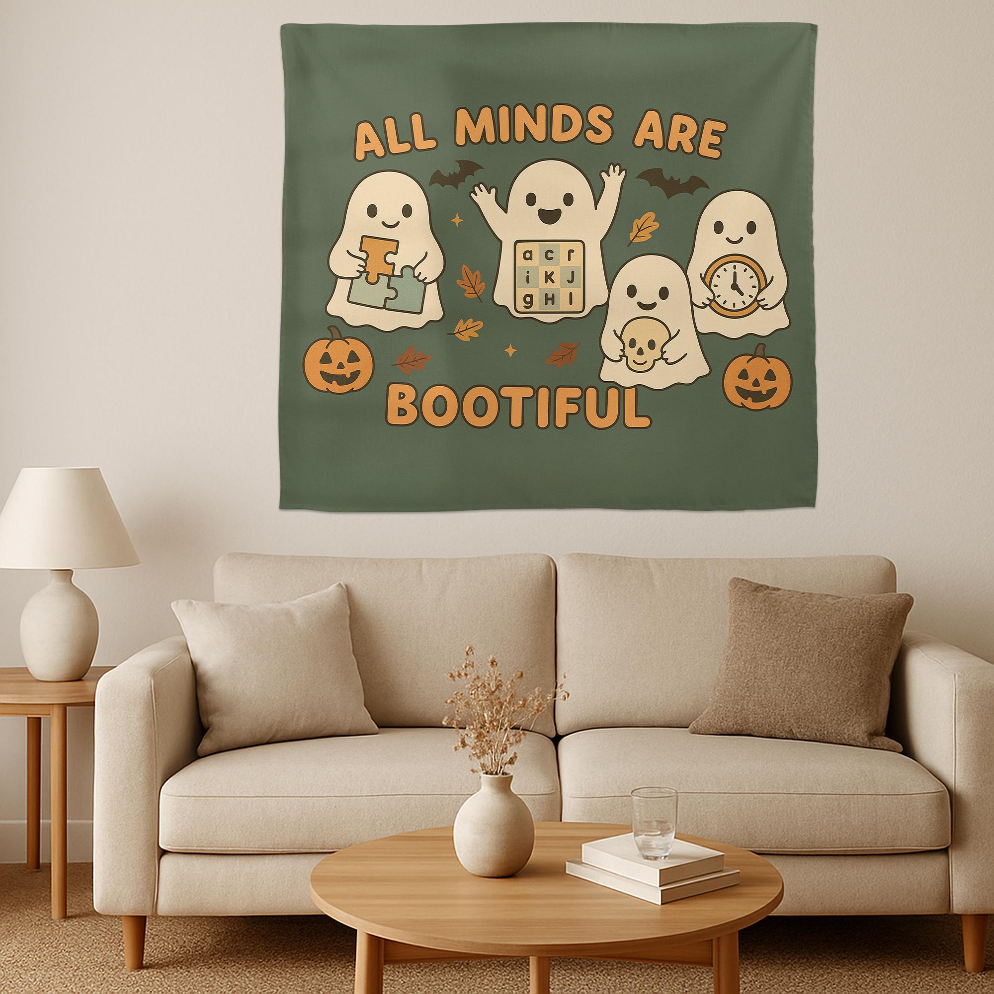 All Minds Are Bootiful Tapestry | Inclusive Halloween Classroom Decor | Neurodiversity Ghost Wall Banner | Cute Fall Teacher Wall Hanging