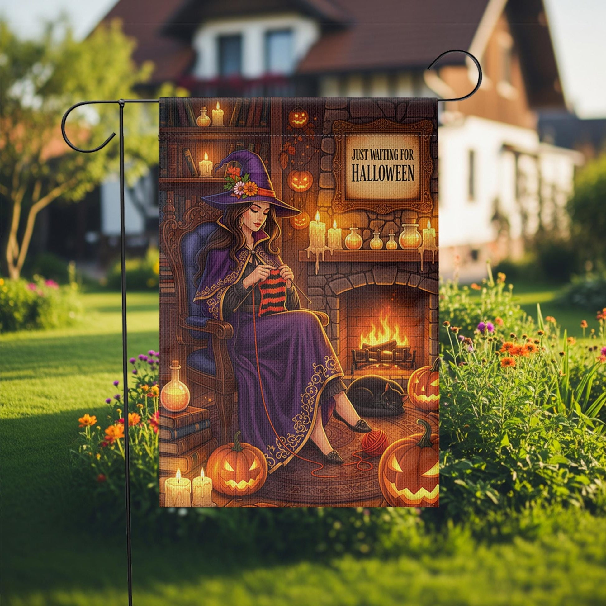 Just Waiting for Halloween Garden Flag – Cozy Witch Knitting Fall Decor – Witchcore Halloween Yard Sign with Pumpkins & Cat