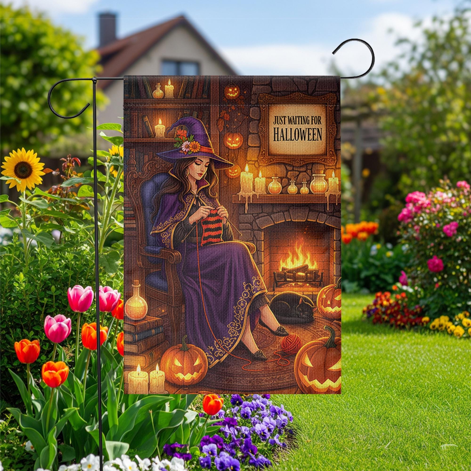 Just Waiting for Halloween Garden Flag – Cozy Witch Knitting Fall Decor – Witchcore Halloween Yard Sign with Pumpkins & Cat