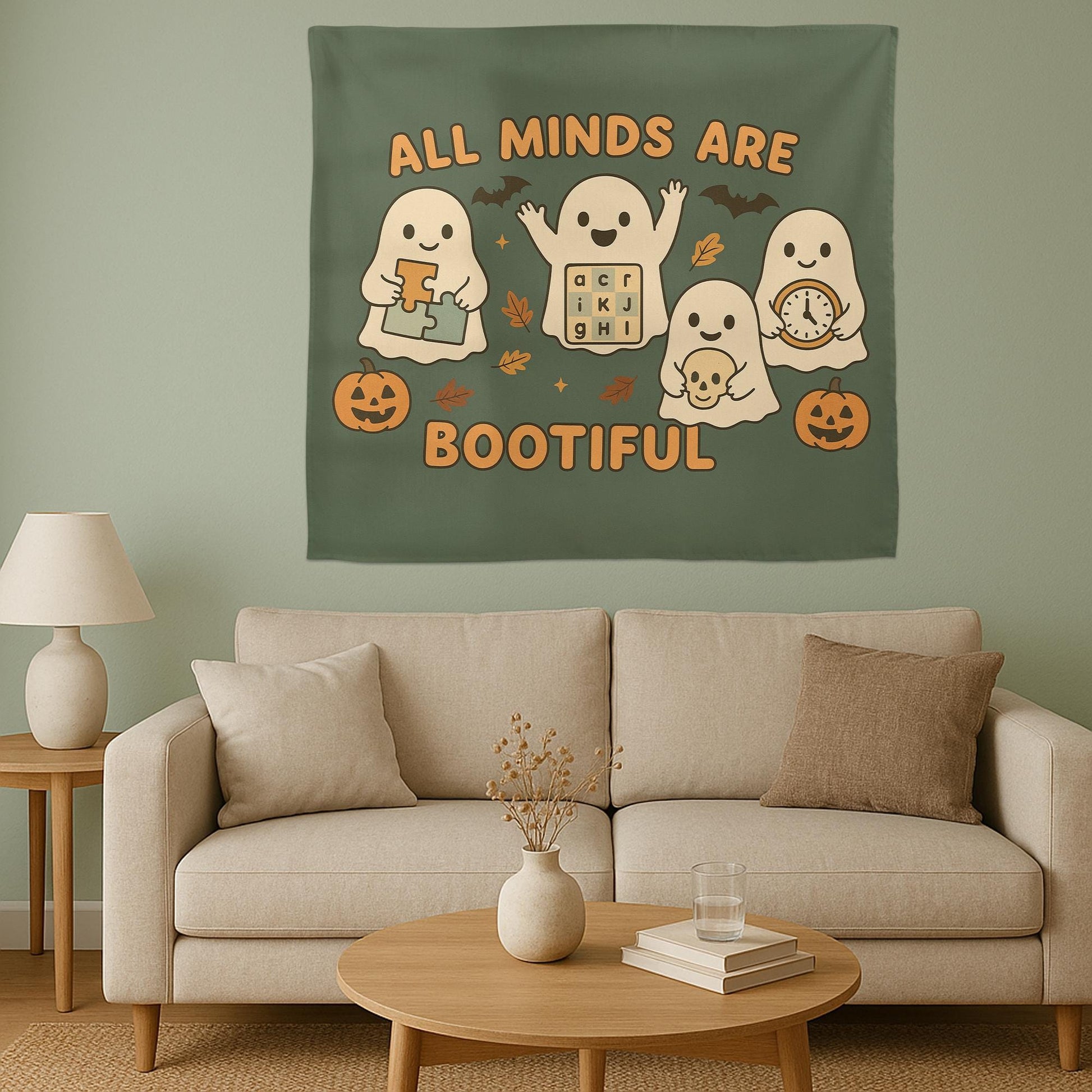 All Minds Are Bootiful Tapestry | Inclusive Halloween Classroom Decor | Neurodiversity Ghost Wall Banner | Cute Fall Teacher Wall Hanging
