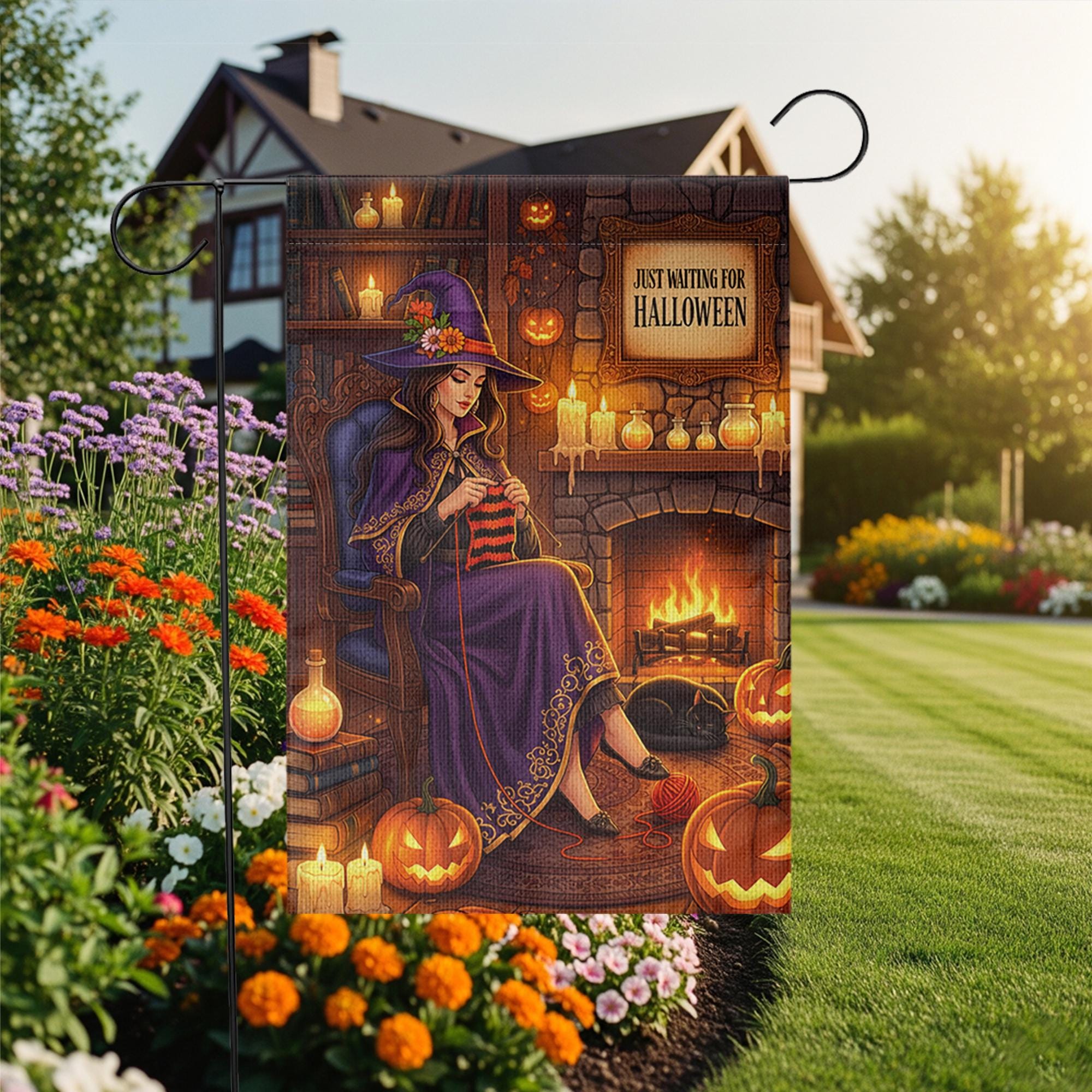Just Waiting for Halloween Garden Flag – Cozy Witch Knitting Fall Decor – Witchcore Halloween Yard Sign with Pumpkins & Cat