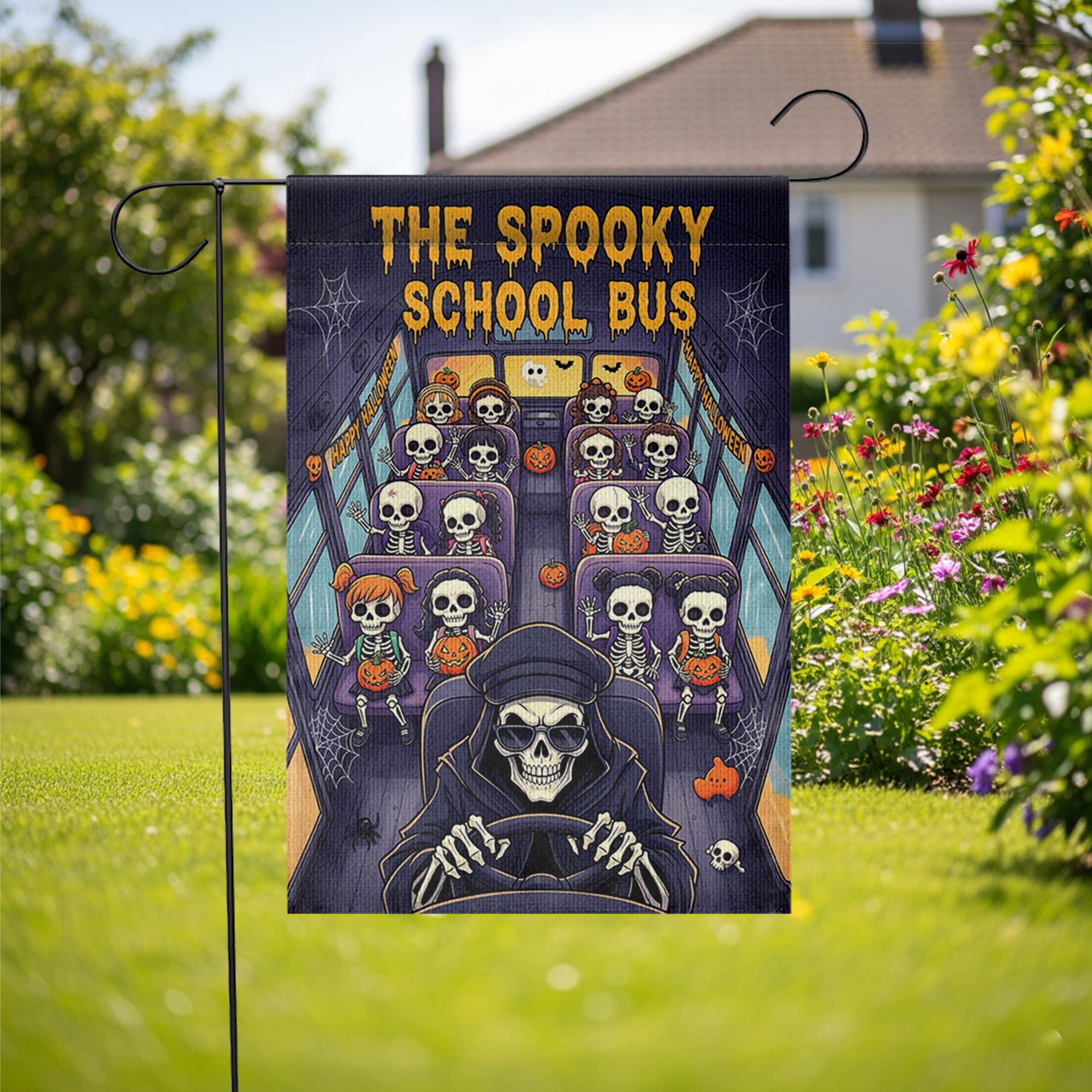 The Spooky School Bus Halloween Garden Flag – Skeleton Kids Yard Decor – Funny Haunted Bus Fall Outdoor Decoration