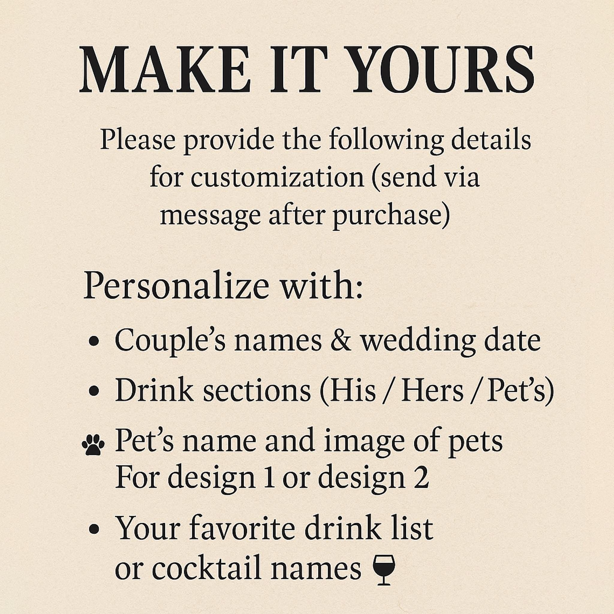 Custom Acrylic Wedding Bar Sign – His & Hers Signature Drinks Menu with Pet Portrait – Personalized Cocktail Sign for Reception Decor