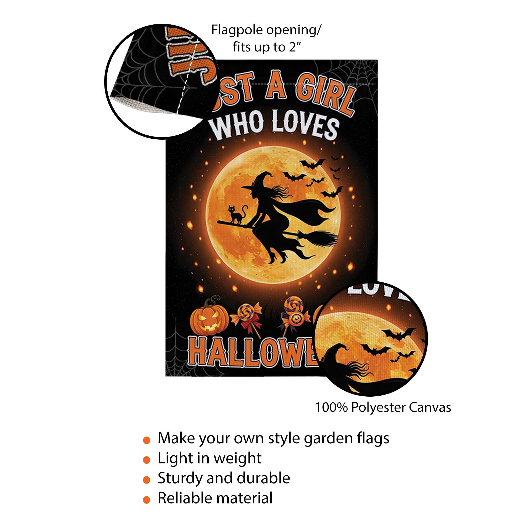 Halloween Garden Flag Witch Flying on Broom – Just a Girl Who Loves Halloween Yard Decor, Fall Outdoor Decoration, Spooky Season Sign