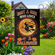 Halloween Garden Flag Witch Flying on Broom – Just a Girl Who Loves Halloween Yard Decor, Fall Outdoor Decoration, Spooky Season Sign