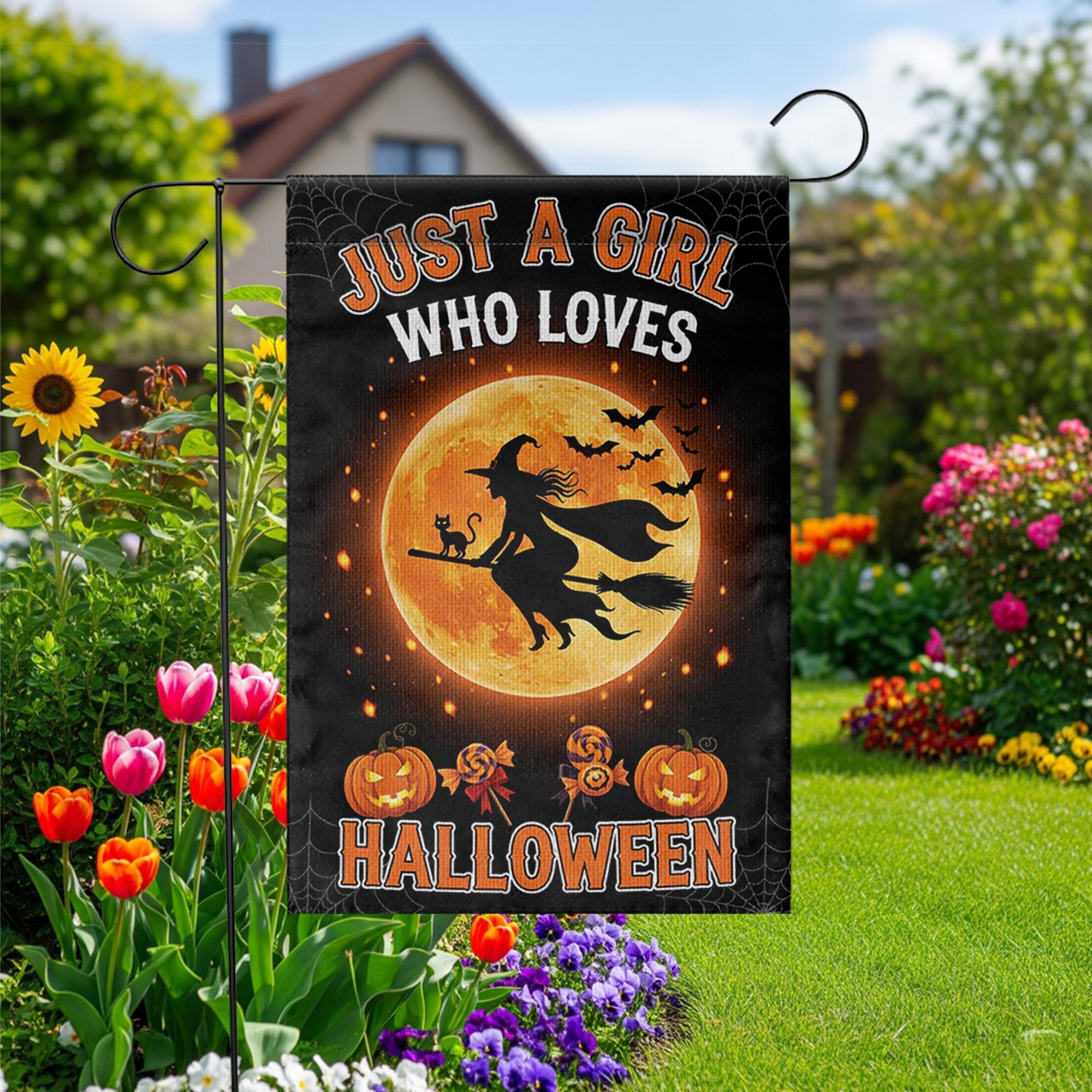 Halloween Garden Flag Witch Flying on Broom – Just a Girl Who Loves Halloween Yard Decor, Fall Outdoor Decoration, Spooky Season Sign