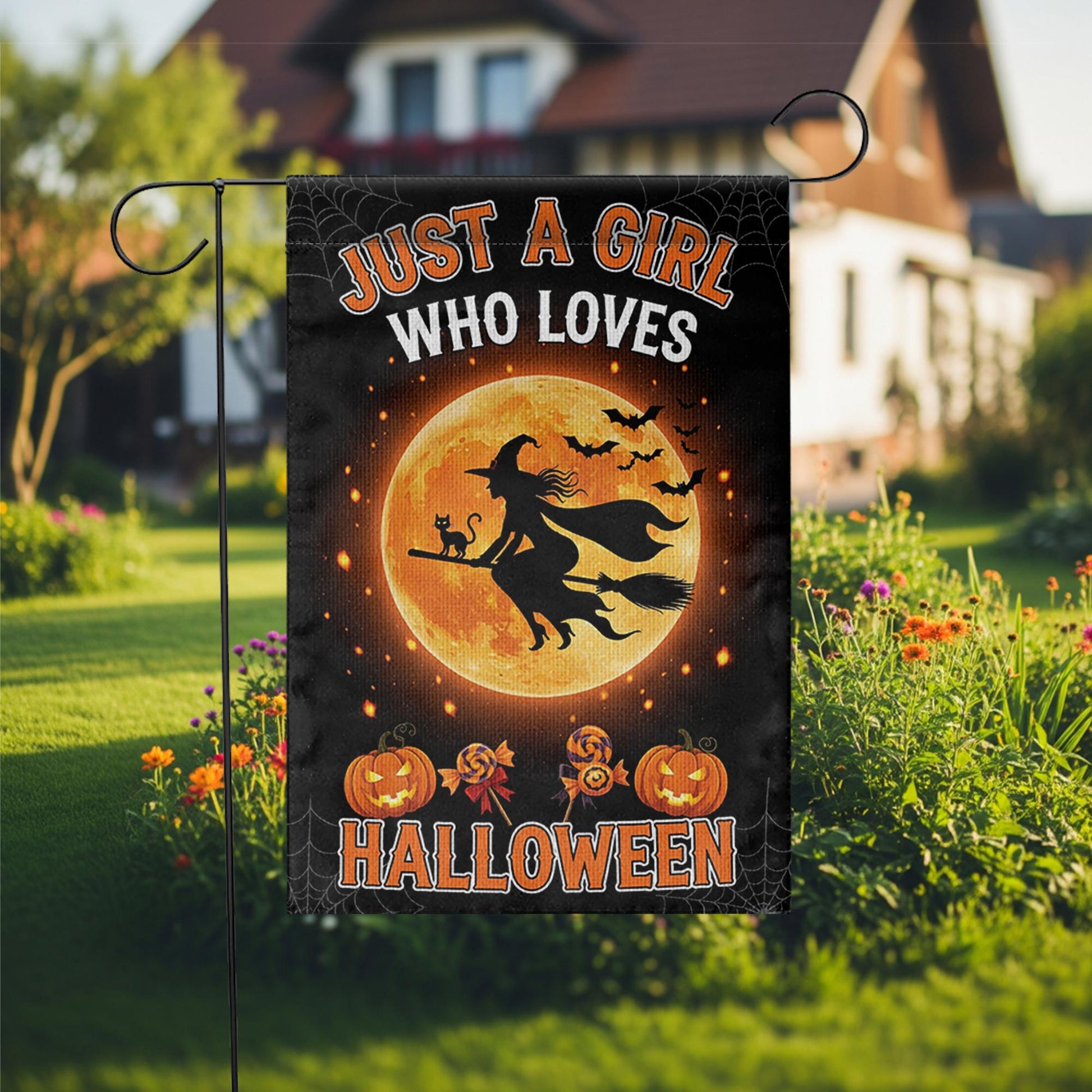 Halloween Garden Flag Witch Flying on Broom – Just a Girl Who Loves Halloween Yard Decor, Fall Outdoor Decoration, Spooky Season Sign