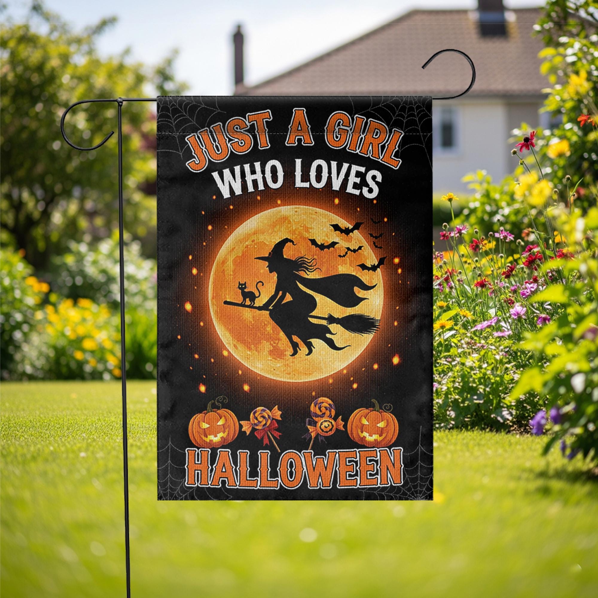 Halloween Garden Flag Witch Flying on Broom – Just a Girl Who Loves Halloween Yard Decor, Fall Outdoor Decoration, Spooky Season Sign