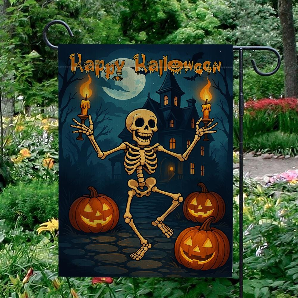 Halloween Skeleton Garden Flag, Spooky Haunted House Yard Decor, Pumpkin Halloween Outdoor Banner, Happy Halloween Sign, Home Decor